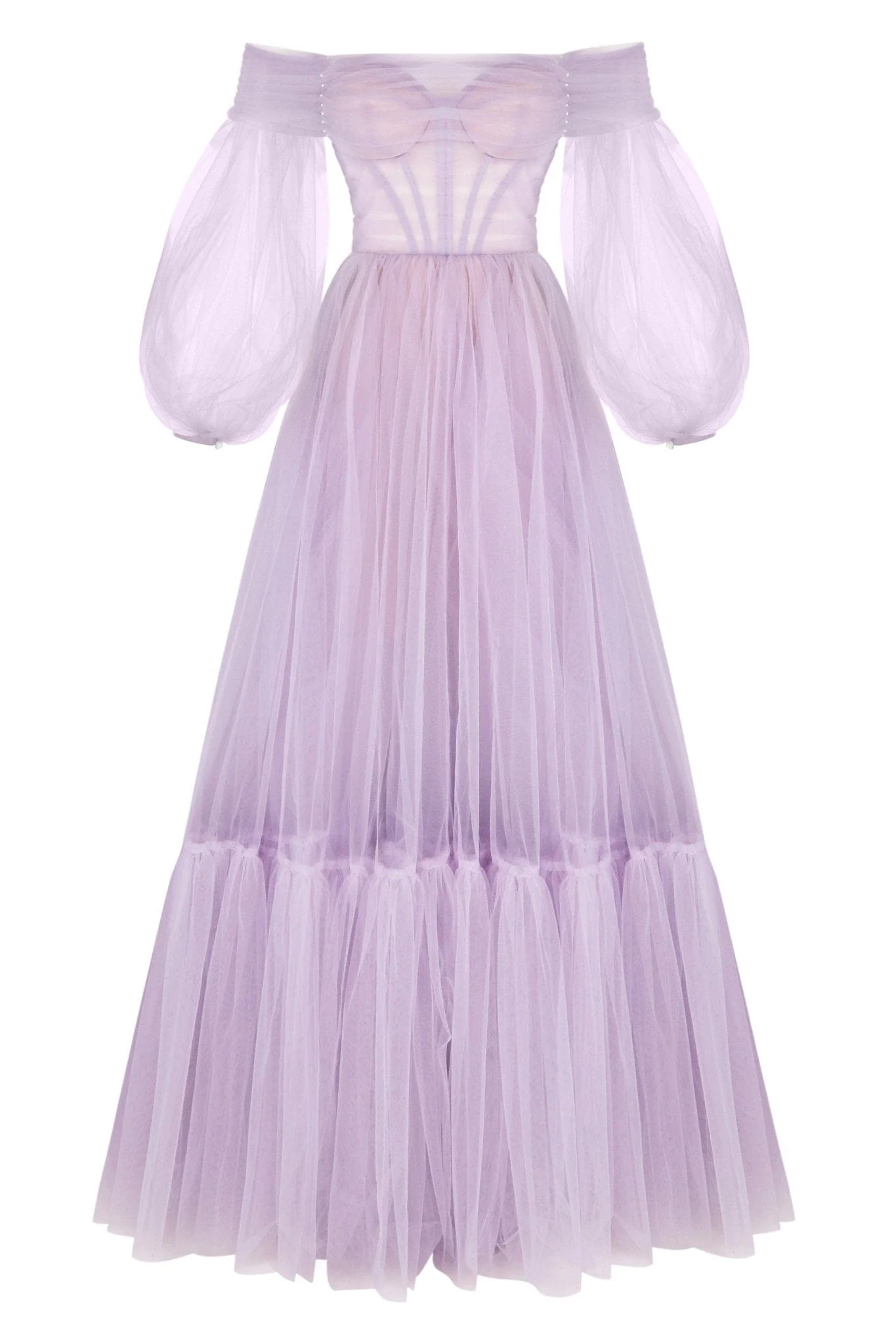 Lavender Sheer Sleeves Maxi Tulle Dress