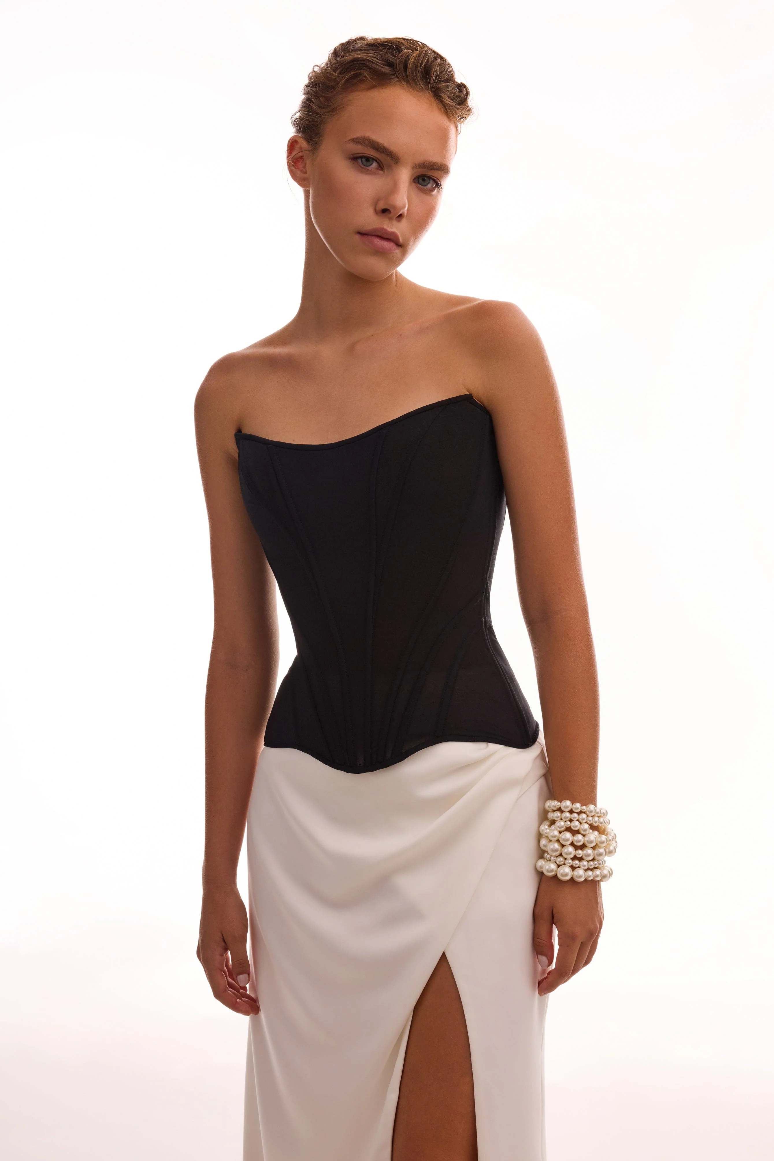 Refined fitted white maxi skirt with a slit, Midnight Walk