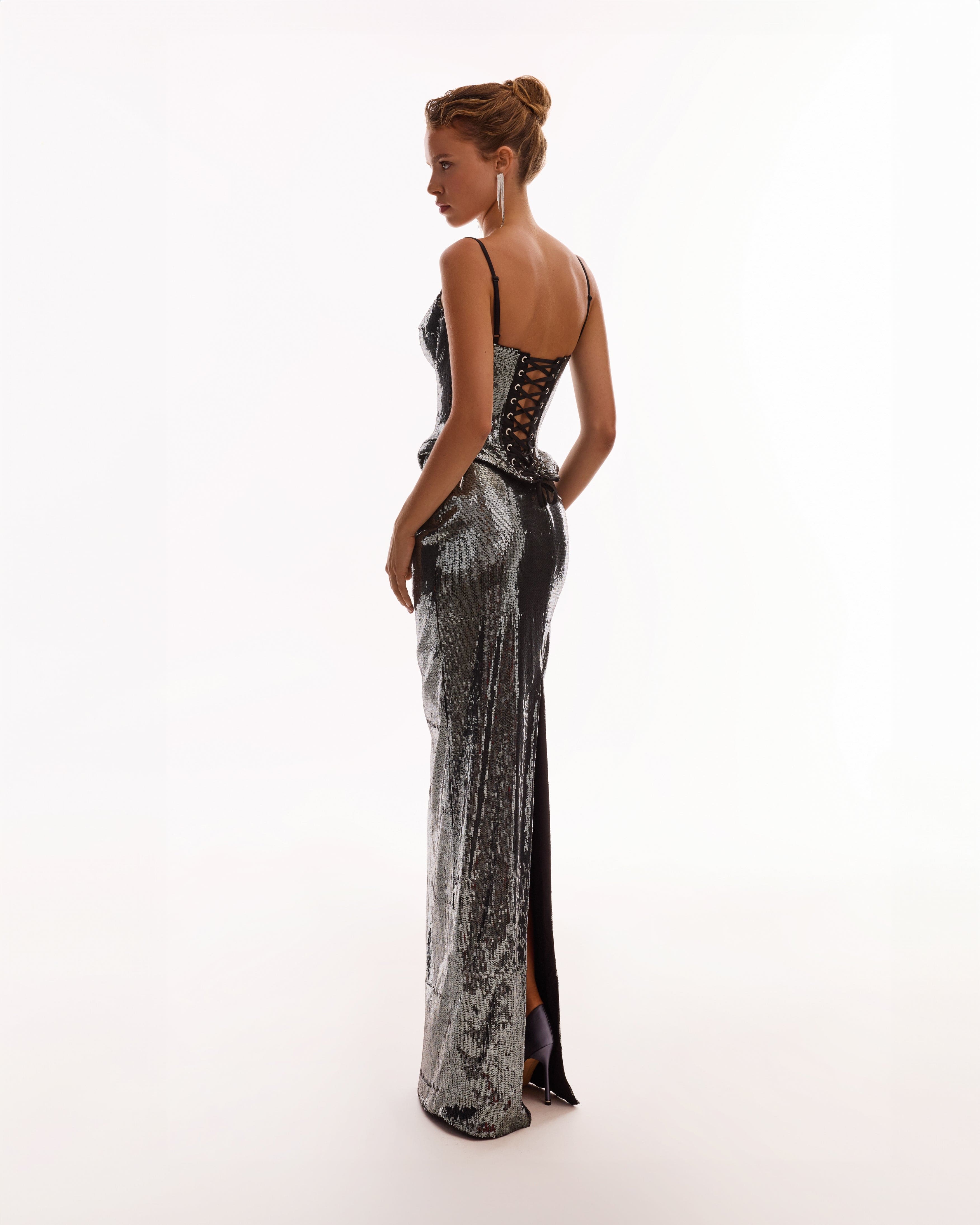 Sensational spaghetti straps sequined gray corset, Midnight Walk