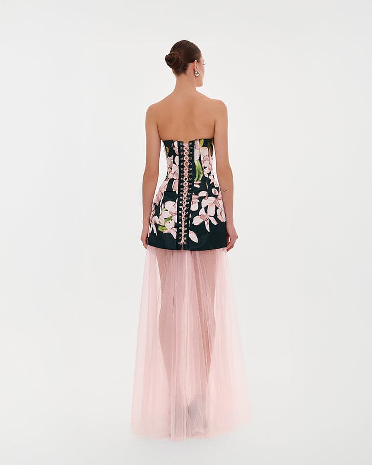 2-in-1 floral mini with a detachable candy pink sheer underskirt