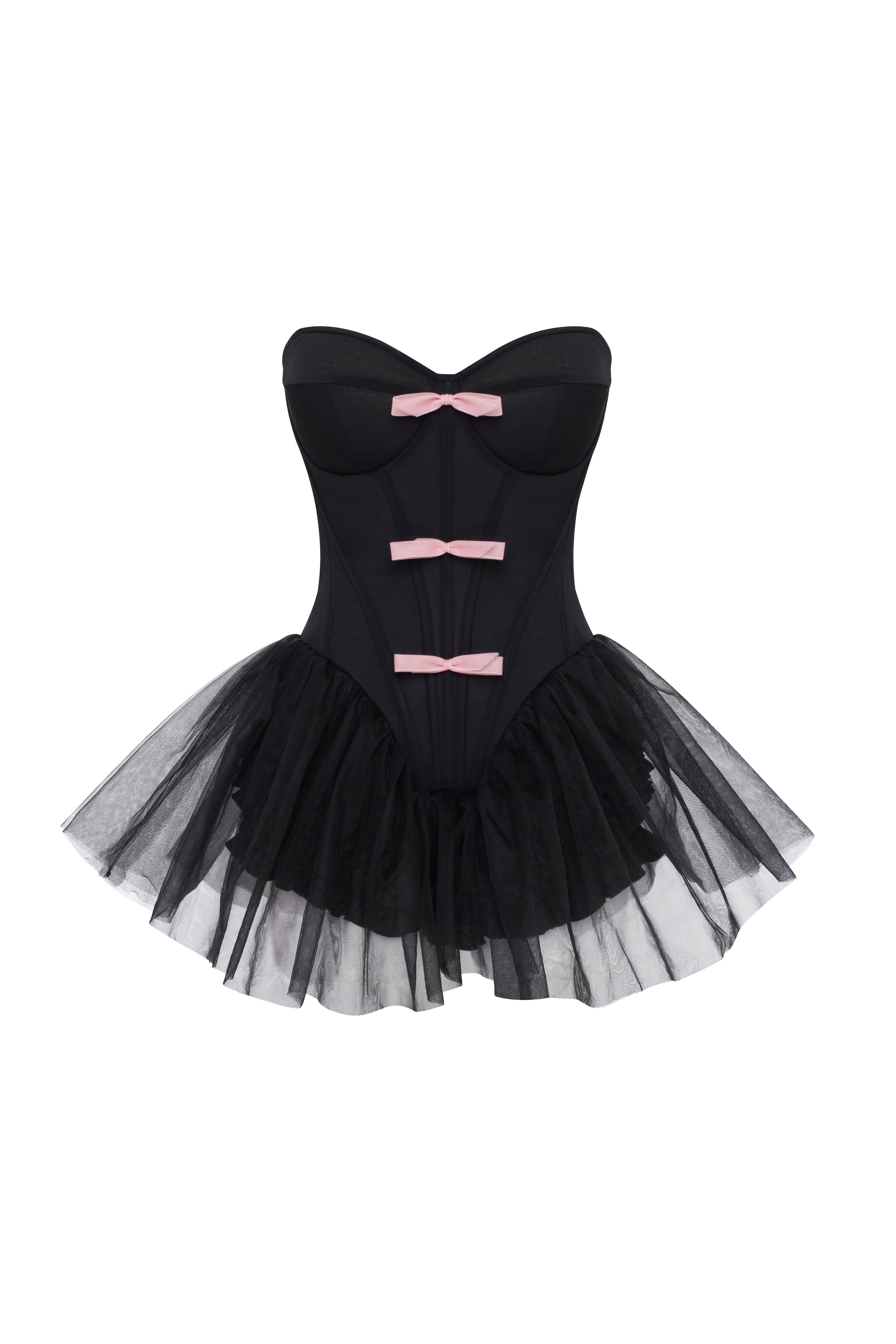 Tutu black mini dress with cute pink bows, Midnight Walk