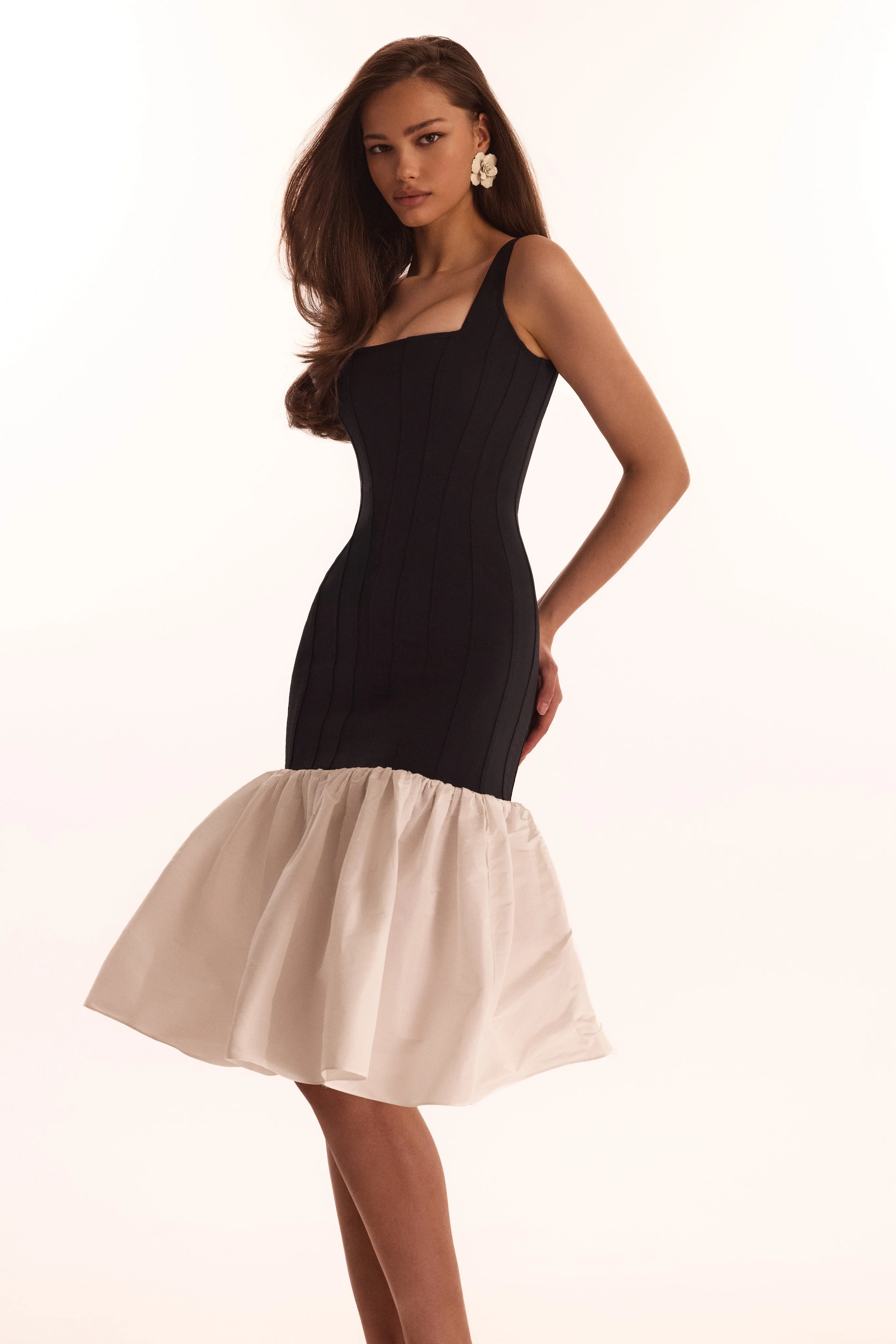 Black fitted maxi dress with white puffy tiered skirt, Parisienne