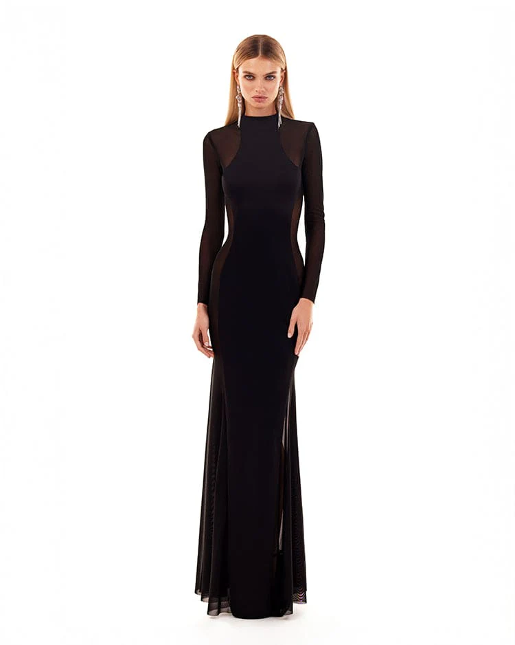 Showstopper black dress with semi-transparent inserts