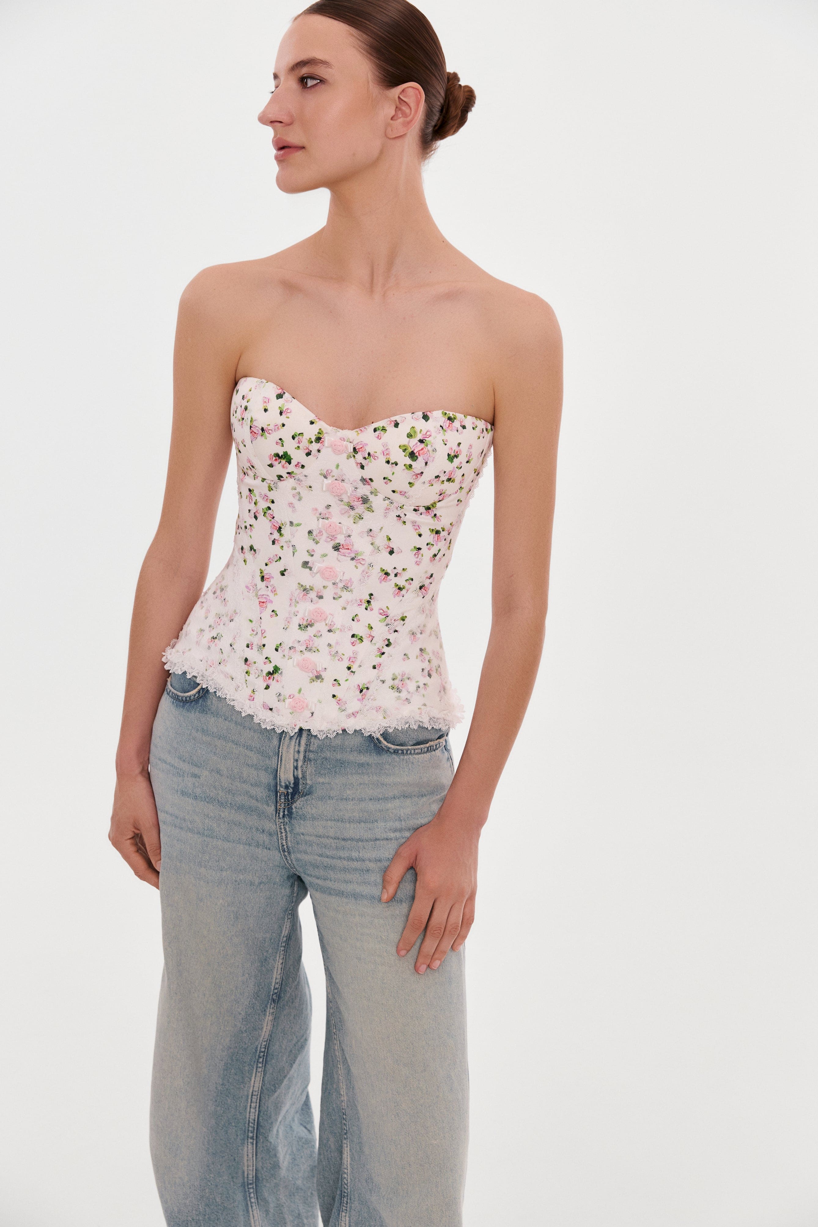 Romantic apple blossom corset with rosebud appliques