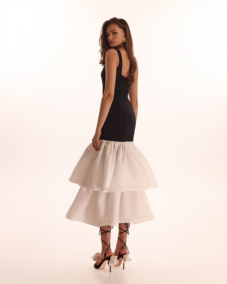 Black fitted maxi dress with white puffy tiered skirt, Parisienne