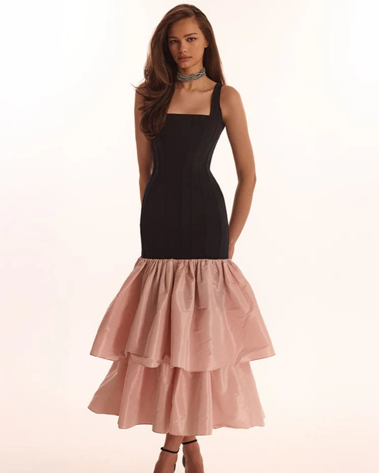 Black fitted maxi dress with pink puffy tiered skirt, Parisienne