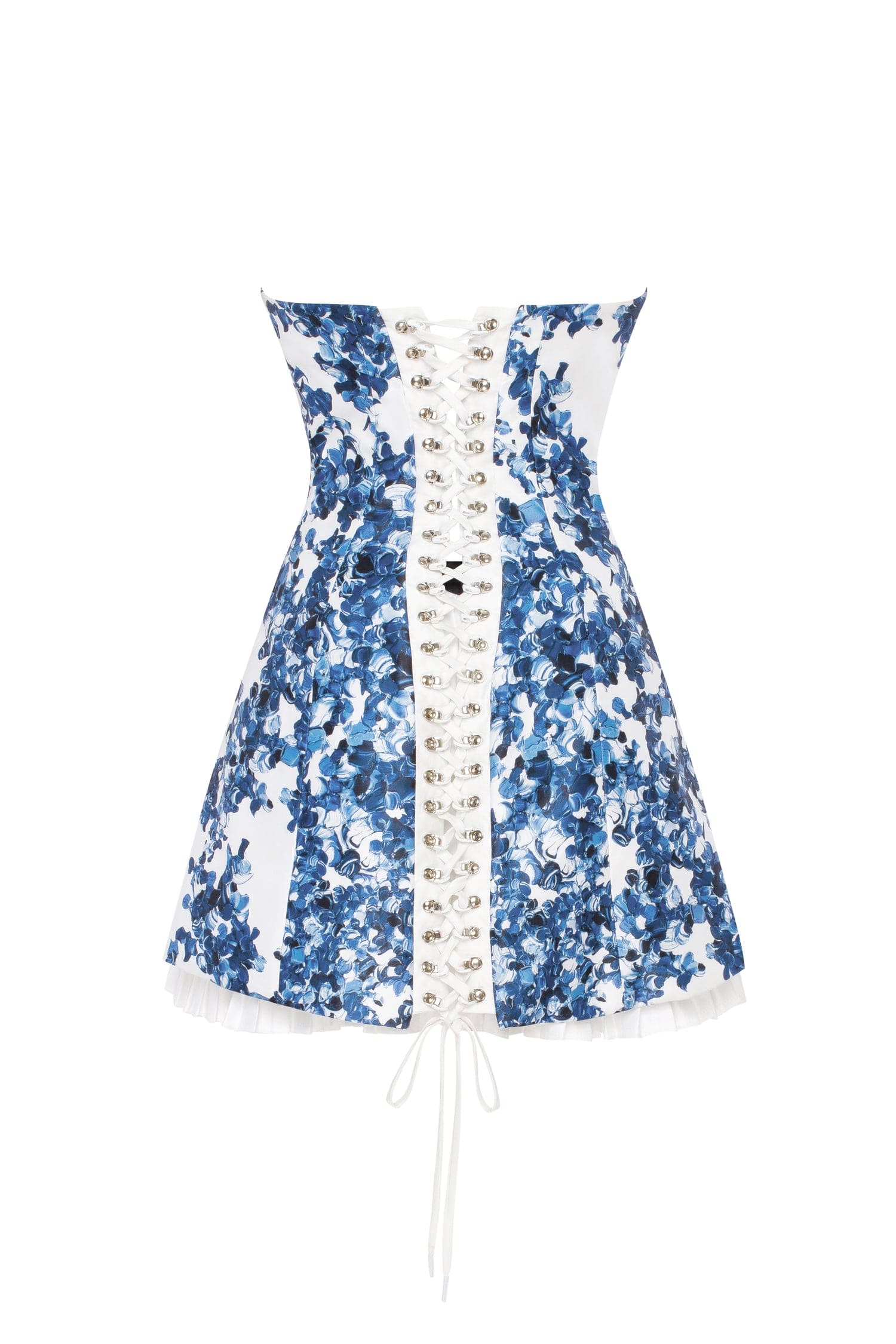 Strapless blue hydrangea mini dress with accent lacing