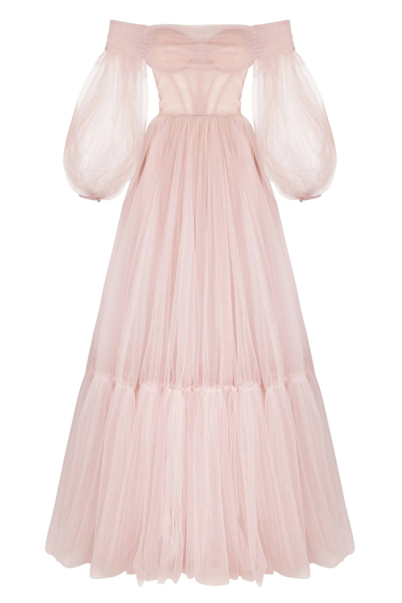 Misty Rose Sheer Sleeves Maxi Tulle Dress