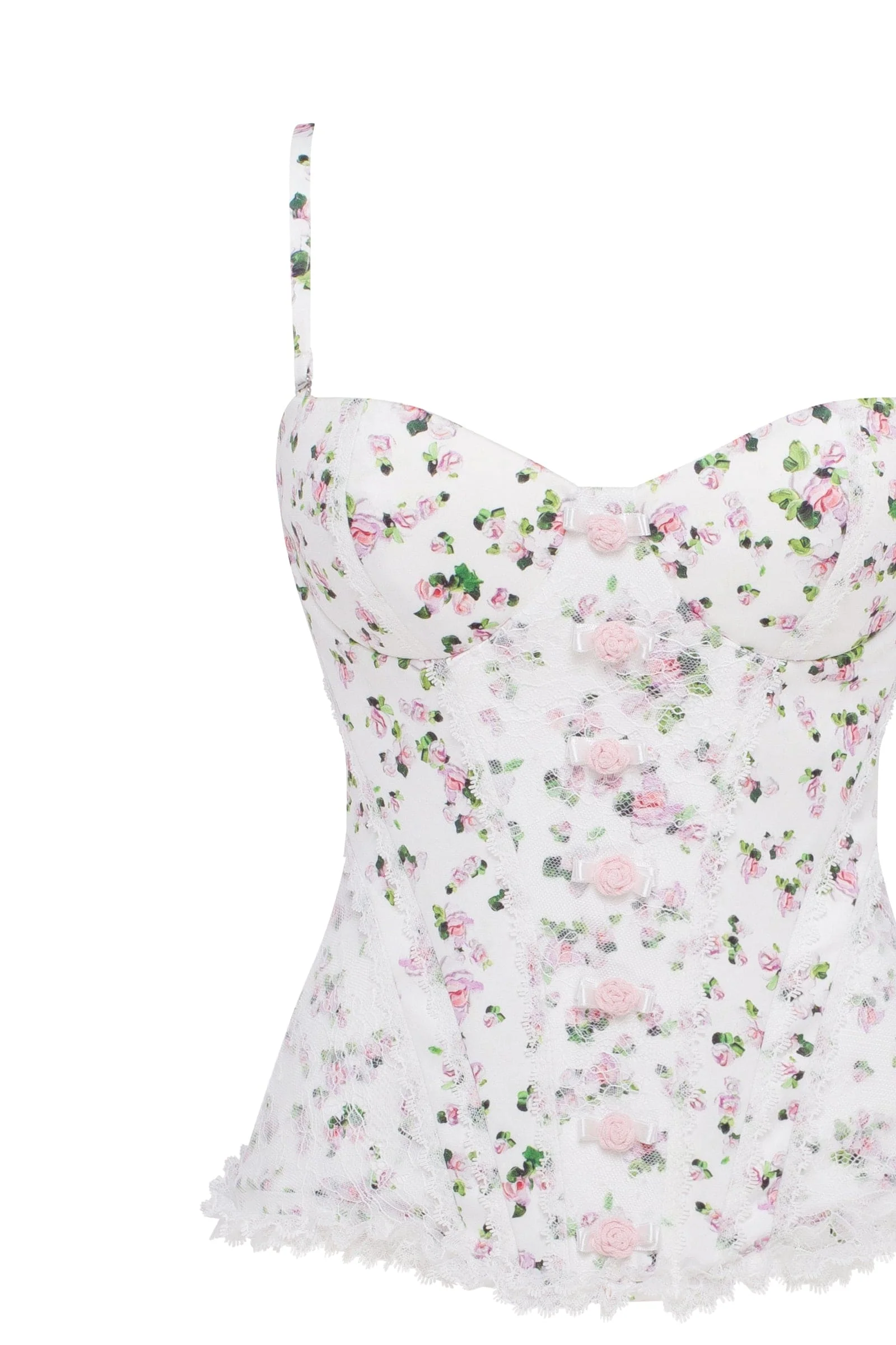 Romantic apple blossom corset with rosebud appliques