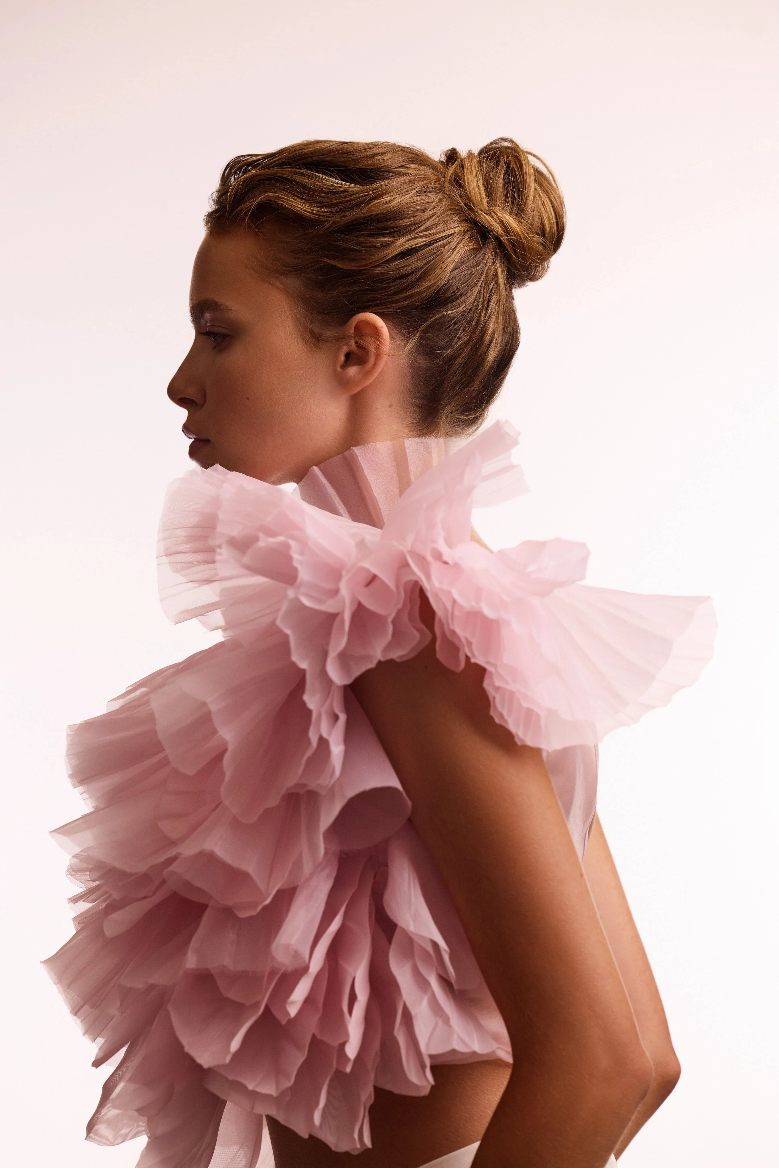 Flirty ruffled one-shoulder organza pink top, Midnight Walk