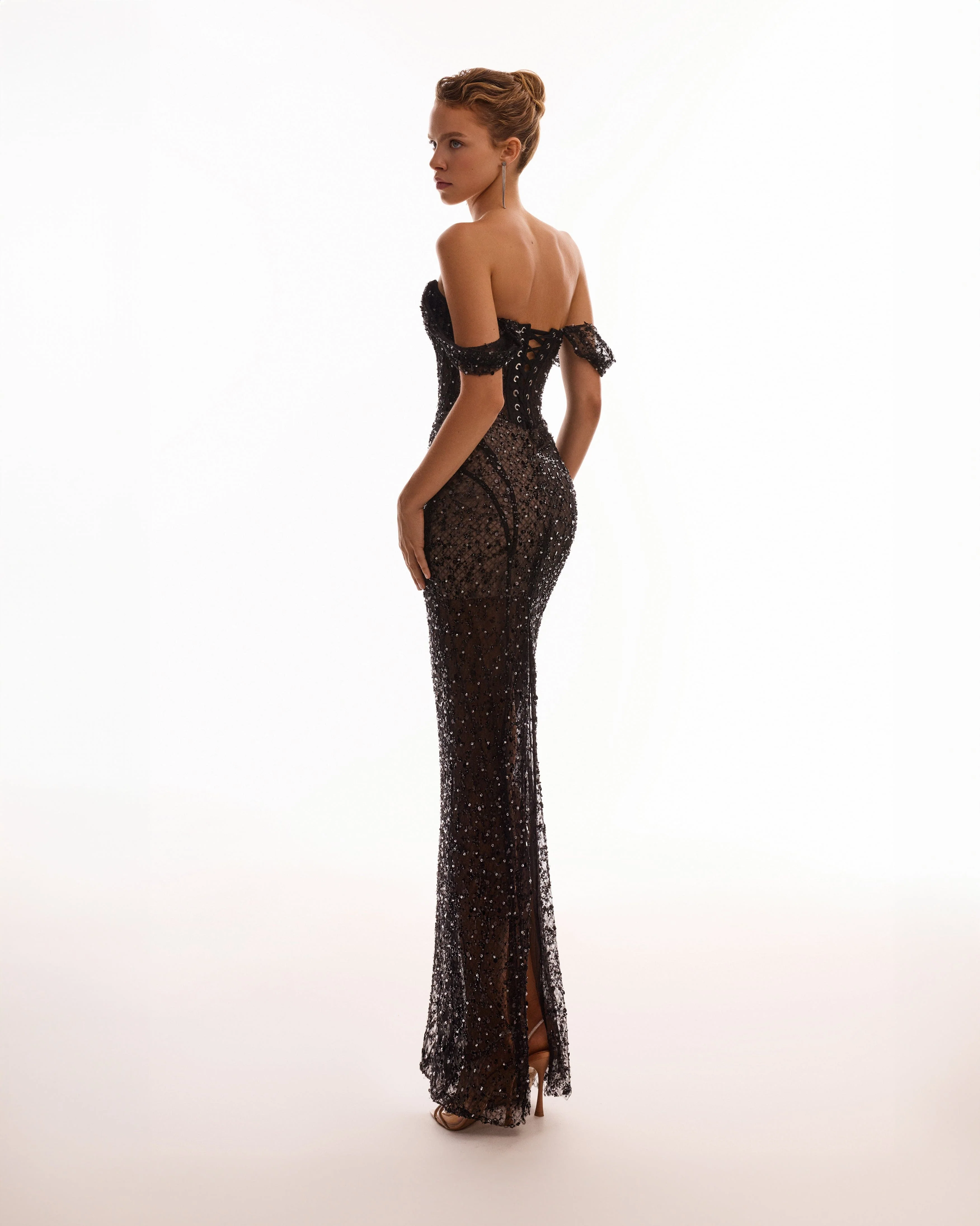 Striking black sequined fitted maxi dress, Midnight Walk