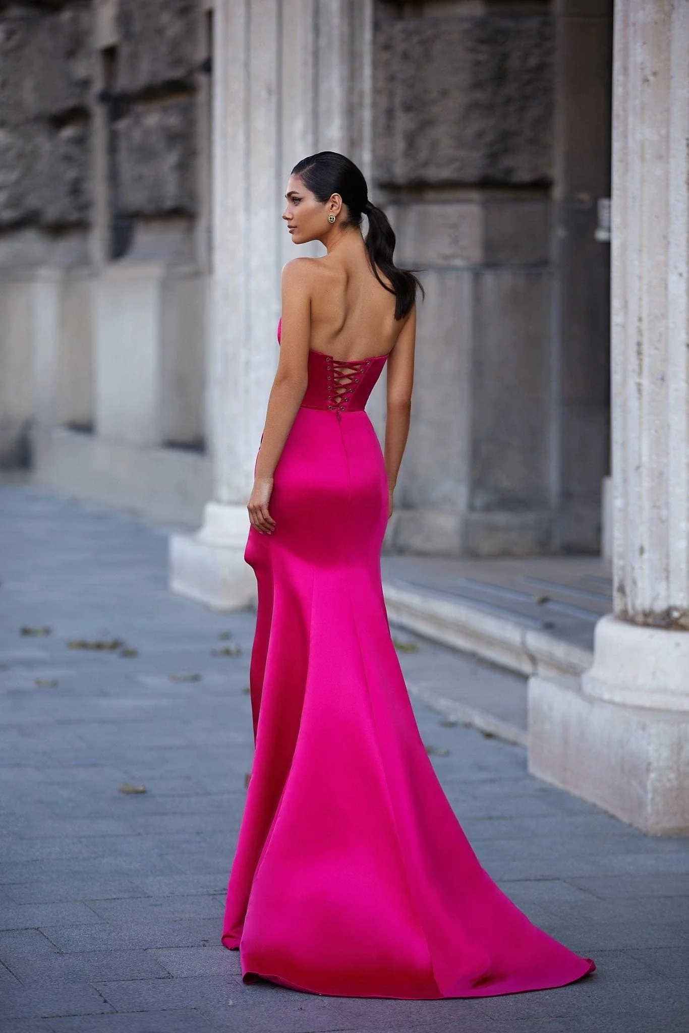 Fuchsia Strapless evening gown with thigh slit