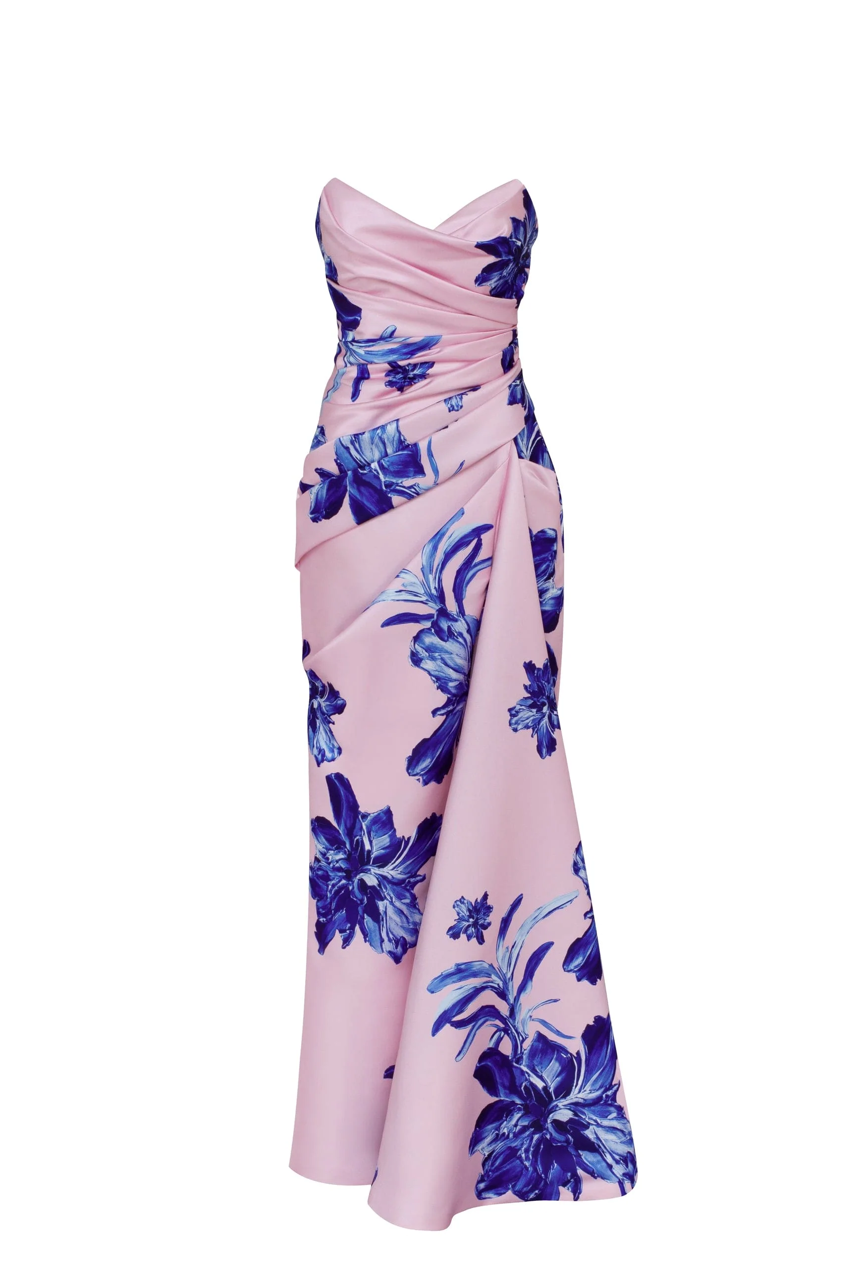 Strapless pink maxi dress with blue-flowered pattern, Glow-Up
