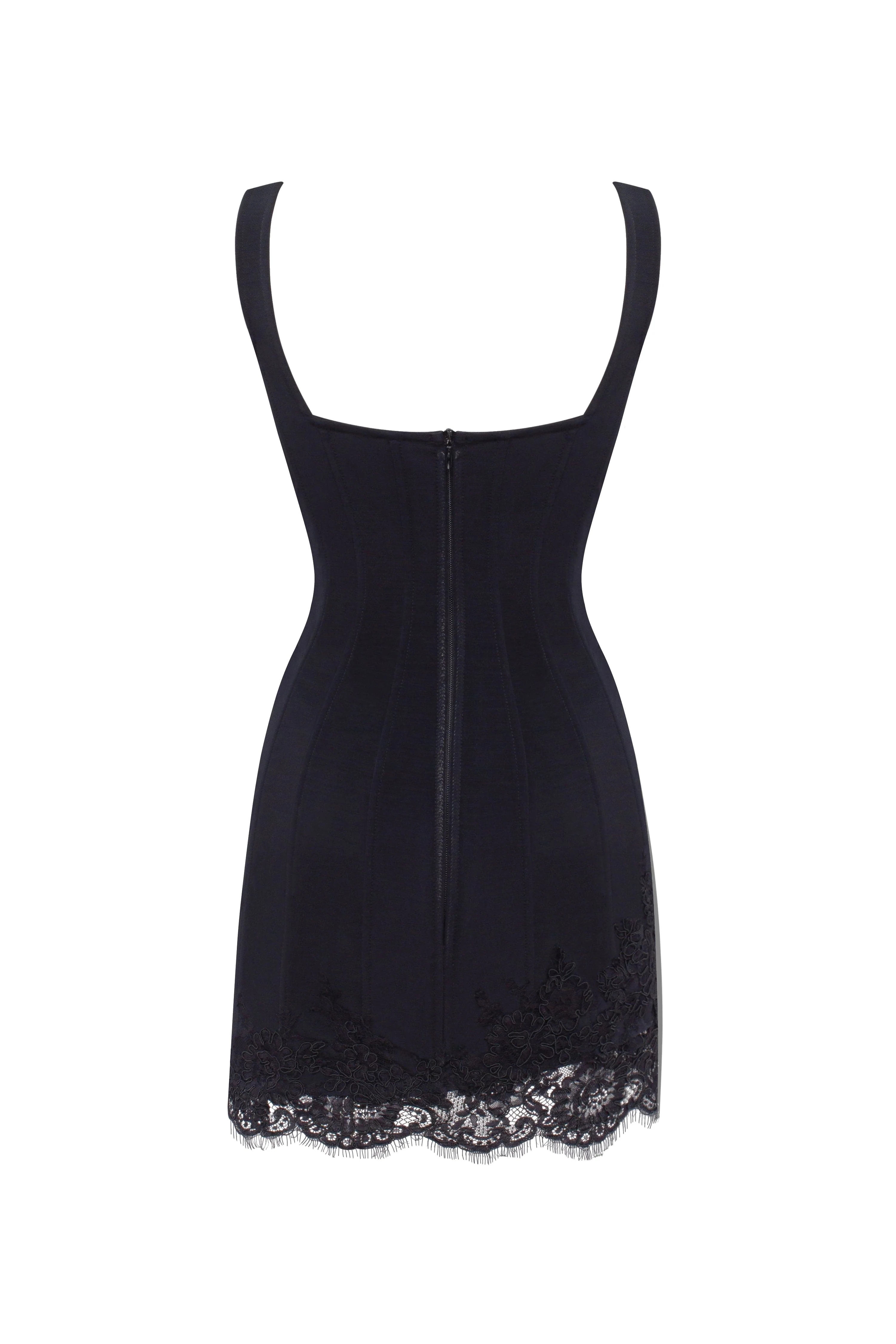 Sultry black corset mini dress with lace hem, Parisienne