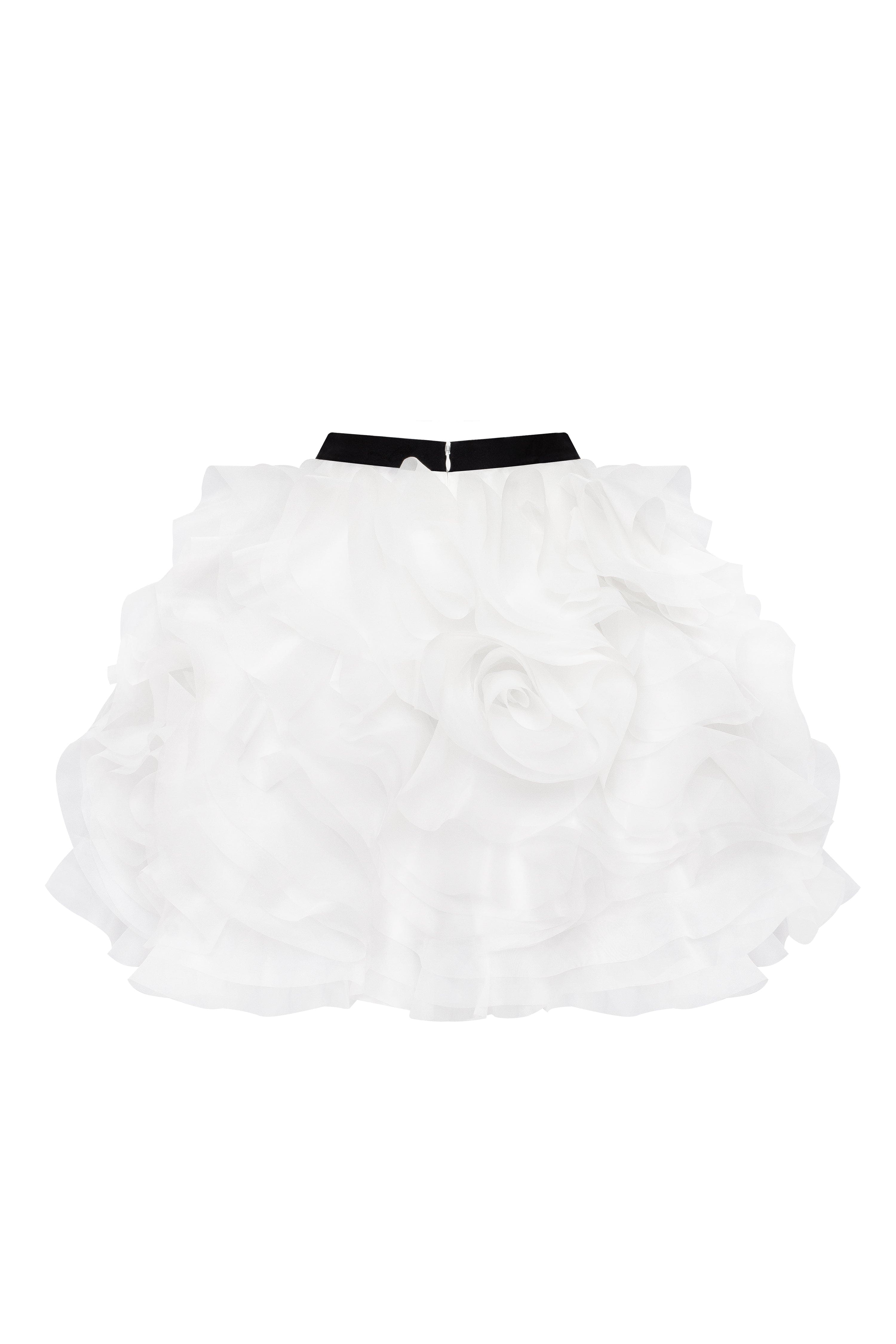 Danceable mini skirt with ruched flower appliques in white, Midnight Walk