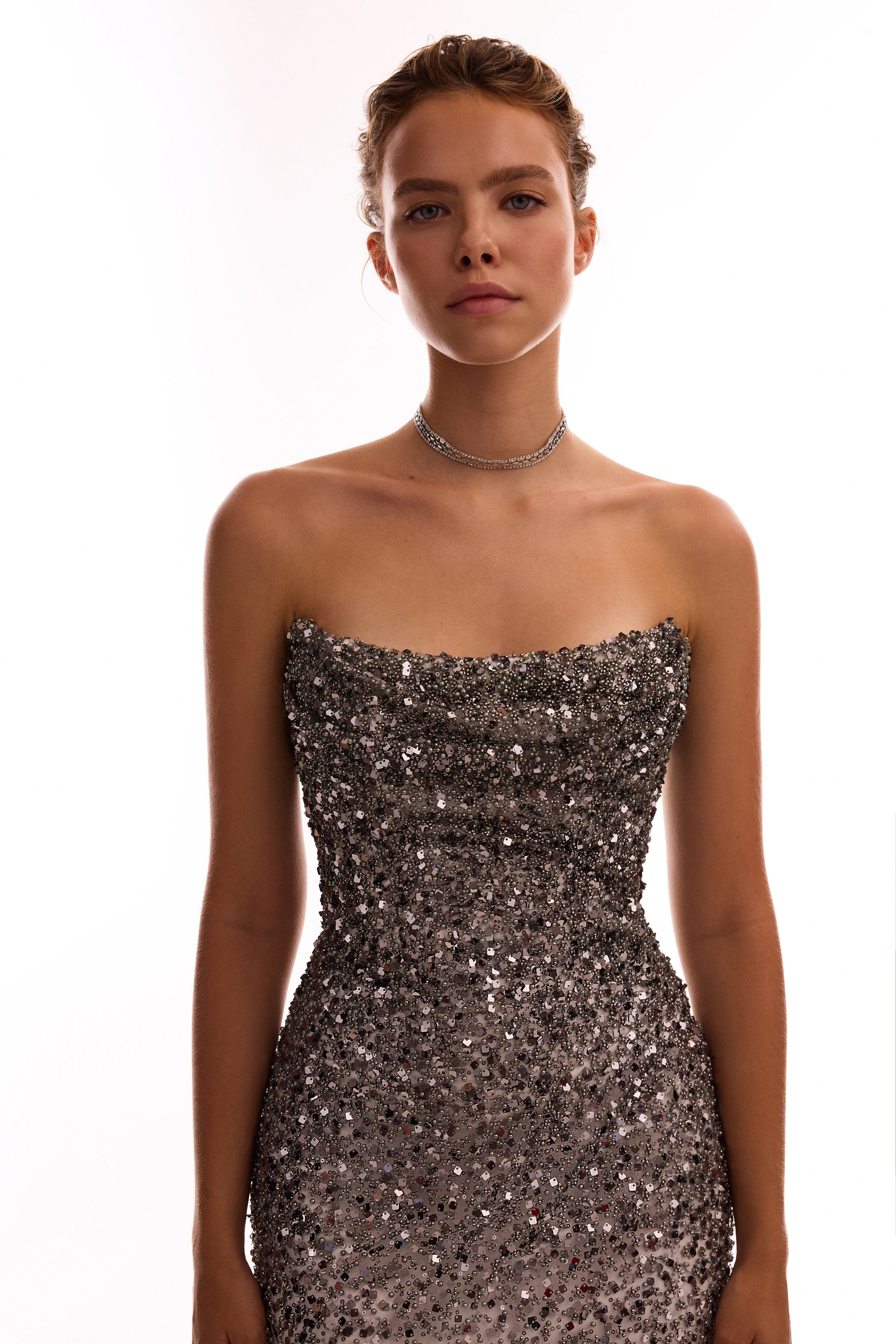 Entrance-worthy semi-sheer sequined silver maxi dress, Midnight Walk