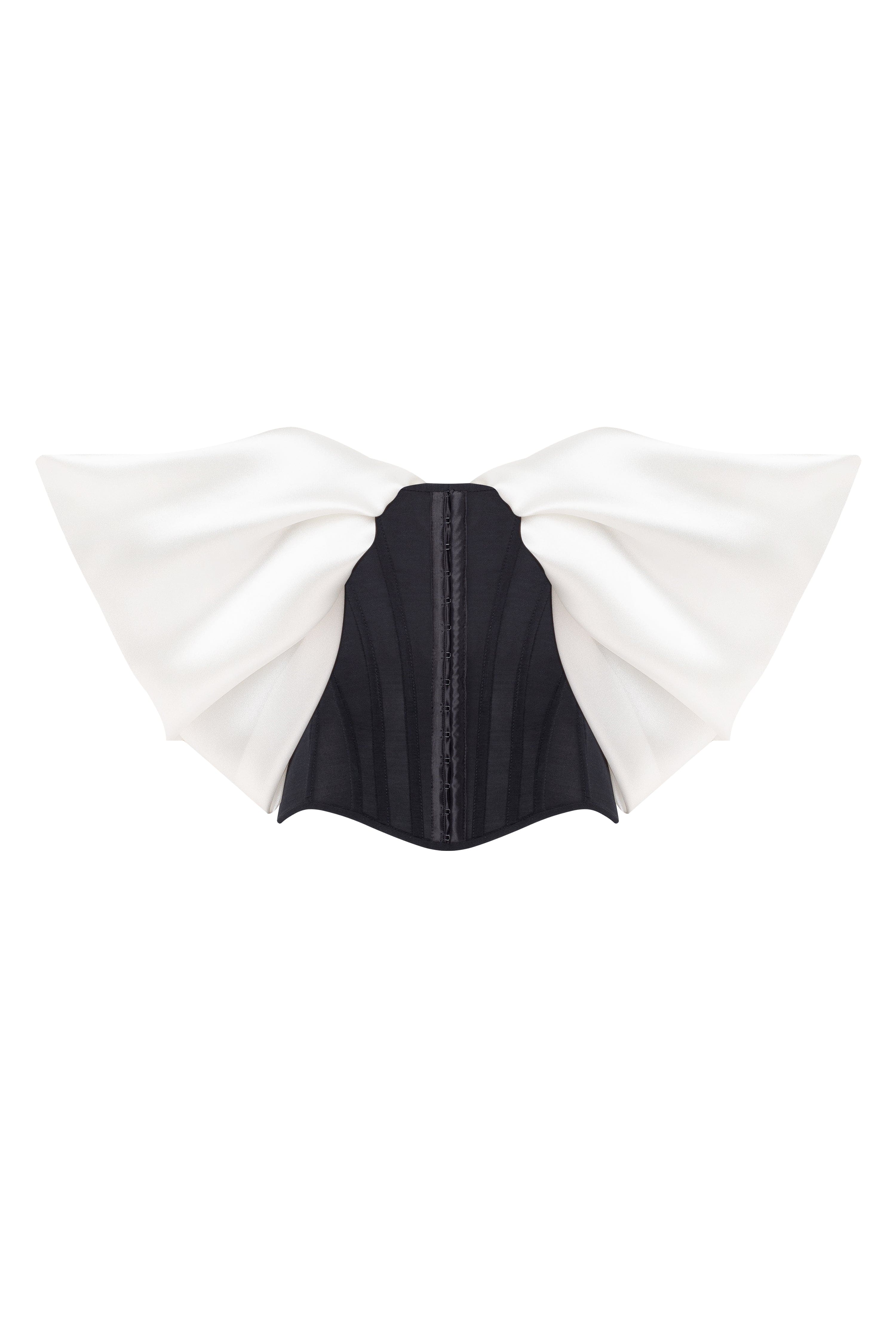 Sophisticated black fitted corset with white satin off-the-shoulder sleeves, Midnight Walk
