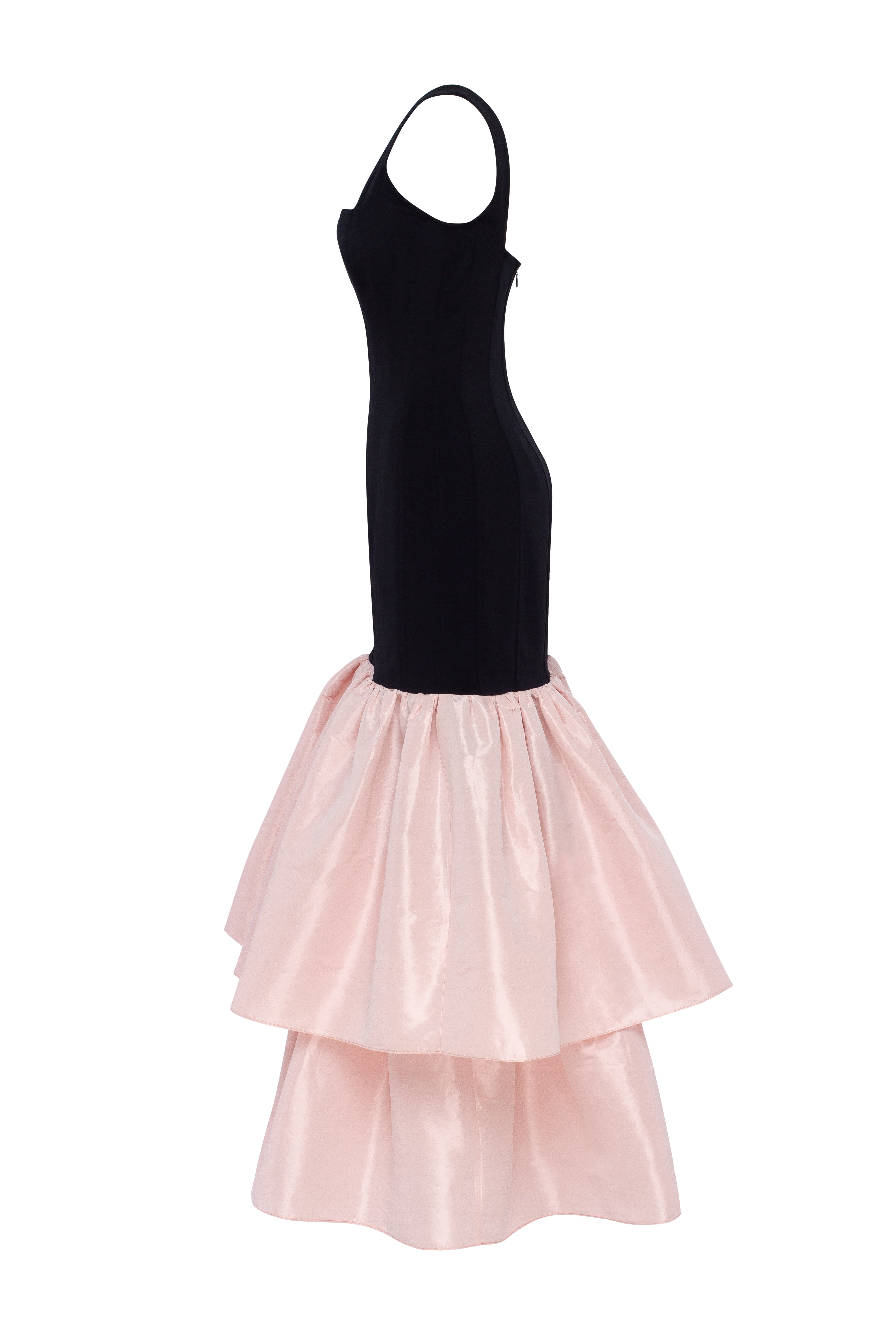 Black fitted maxi dress with pink puffy tiered skirt, Parisienne