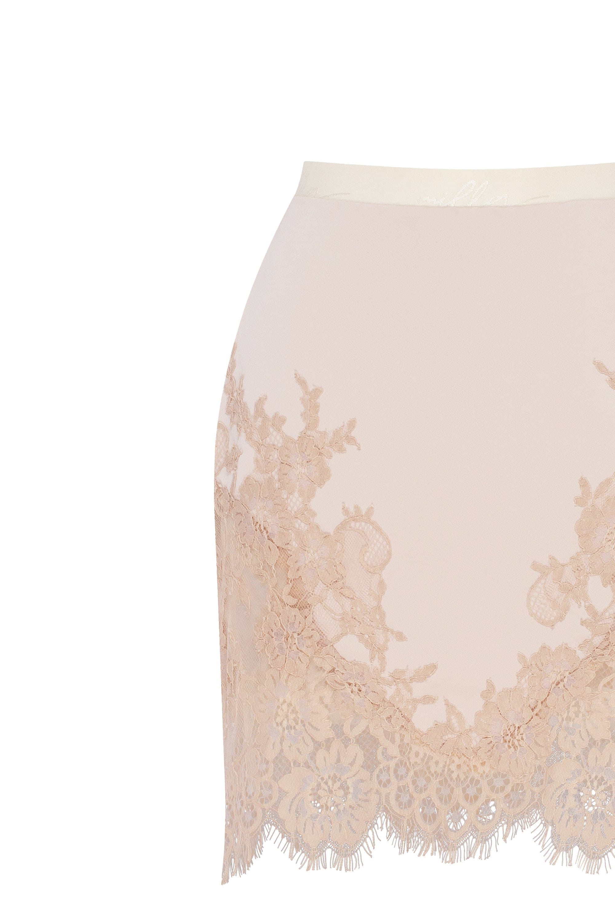Fitted beige mini skirt adorned with lace, Parisienne