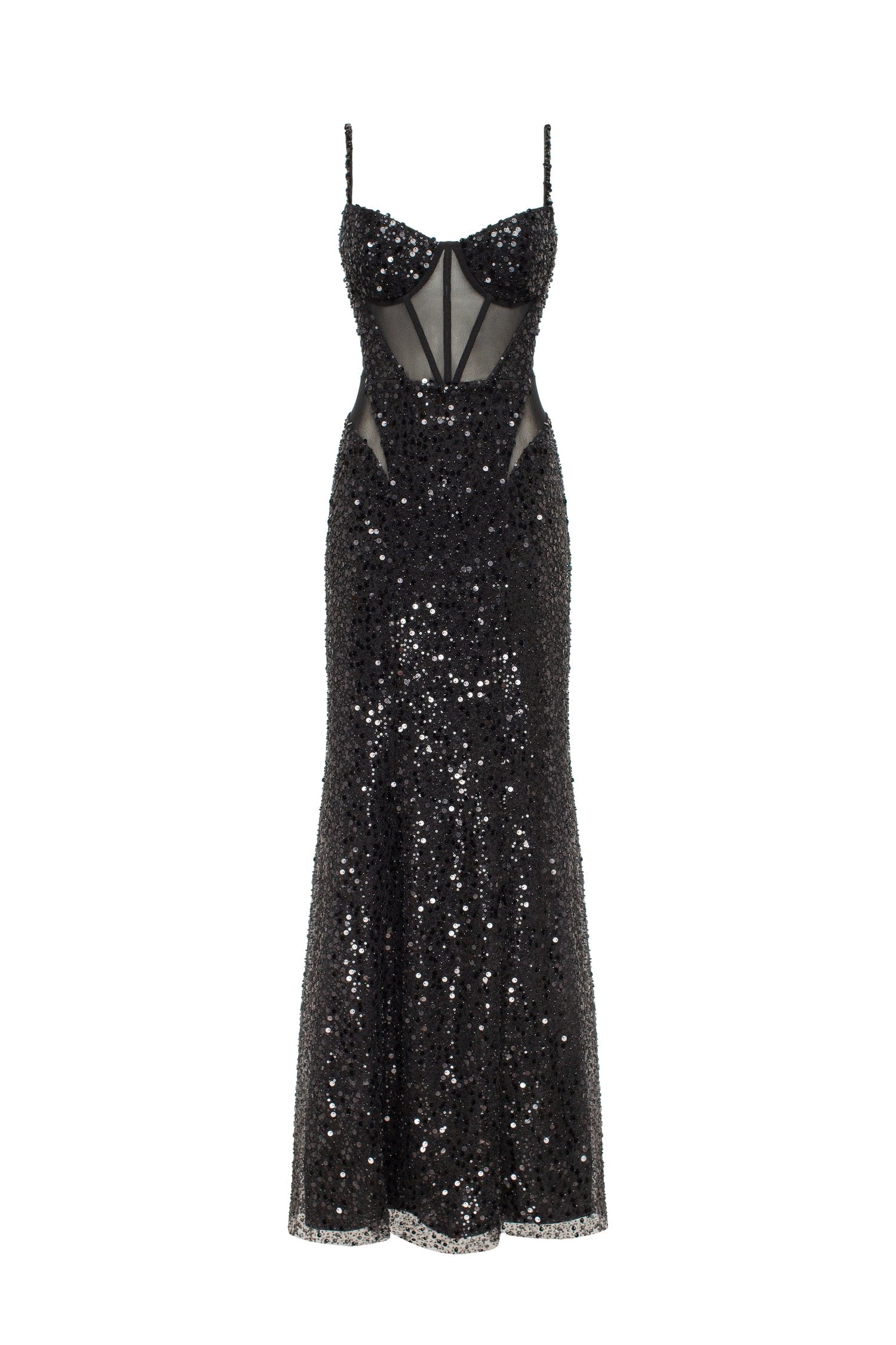 Sensational black maxi on spaghetti straps covered in sequins, Smoky Quartz