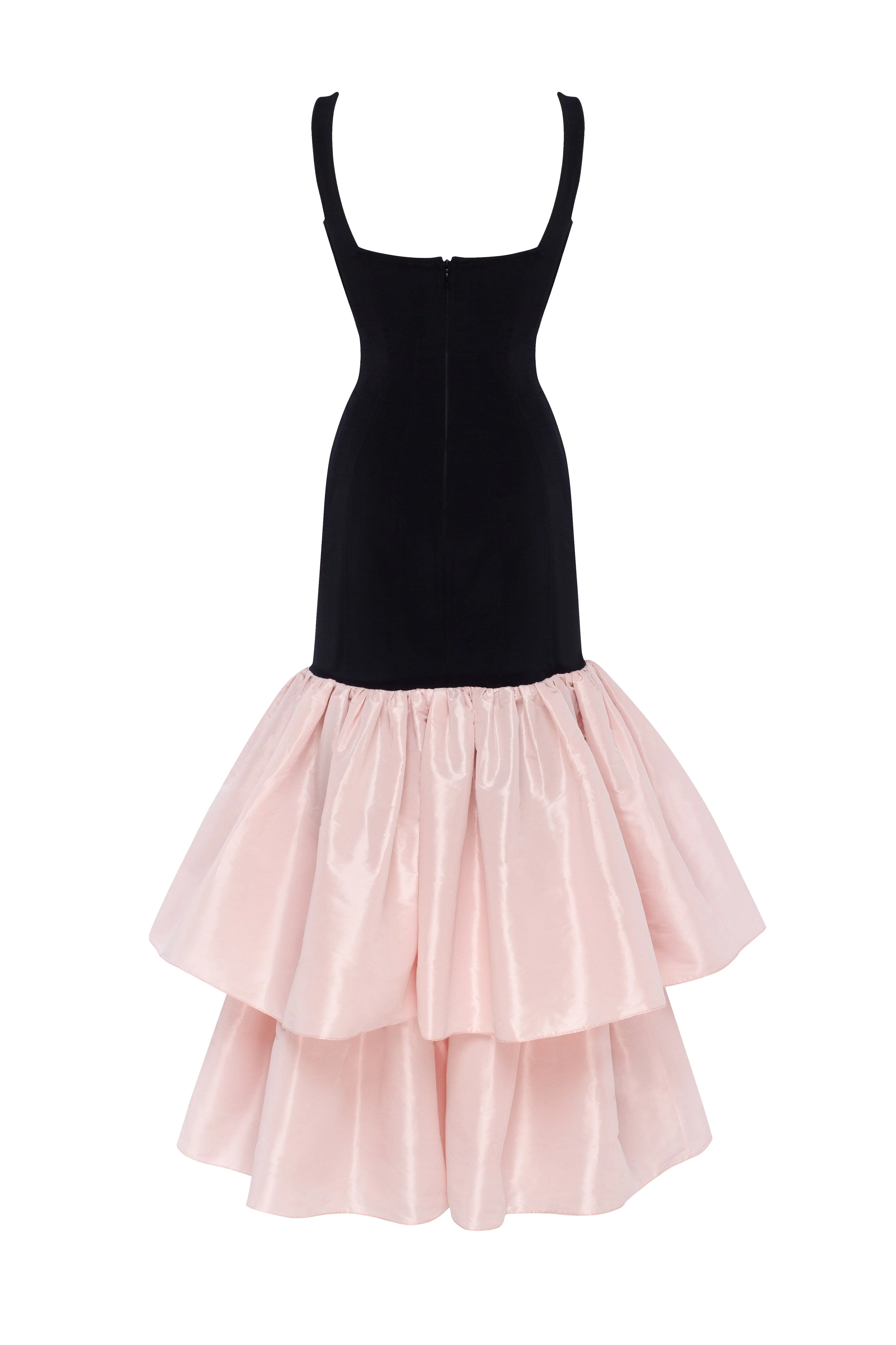 Black fitted maxi dress with pink puffy tiered skirt, Parisienne