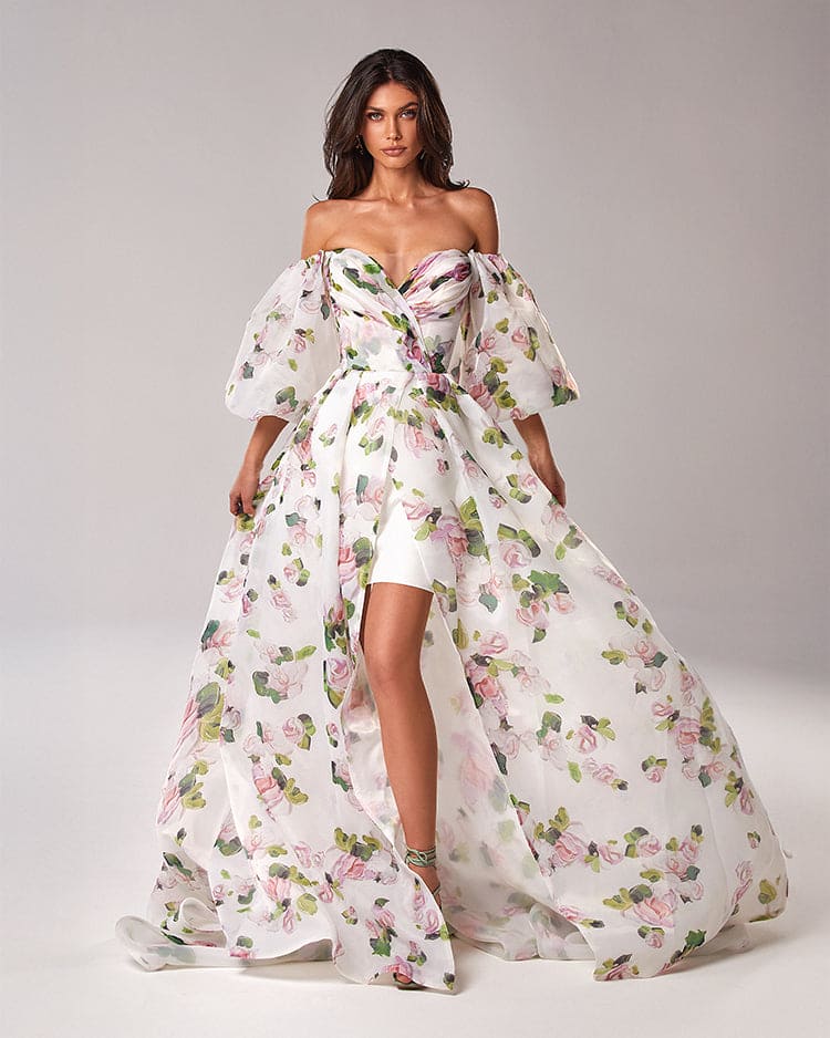 Apple Blossom Elegant floral puff sleeve maxi dress
