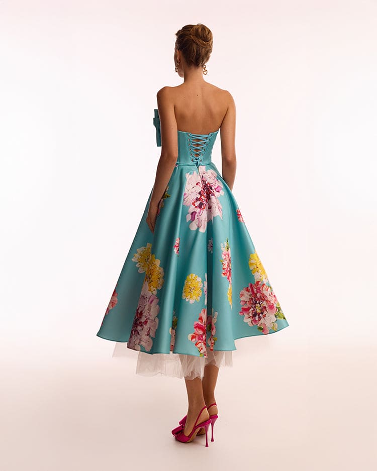 Playful aquamarine floral midi dress with bow, Glow-Up