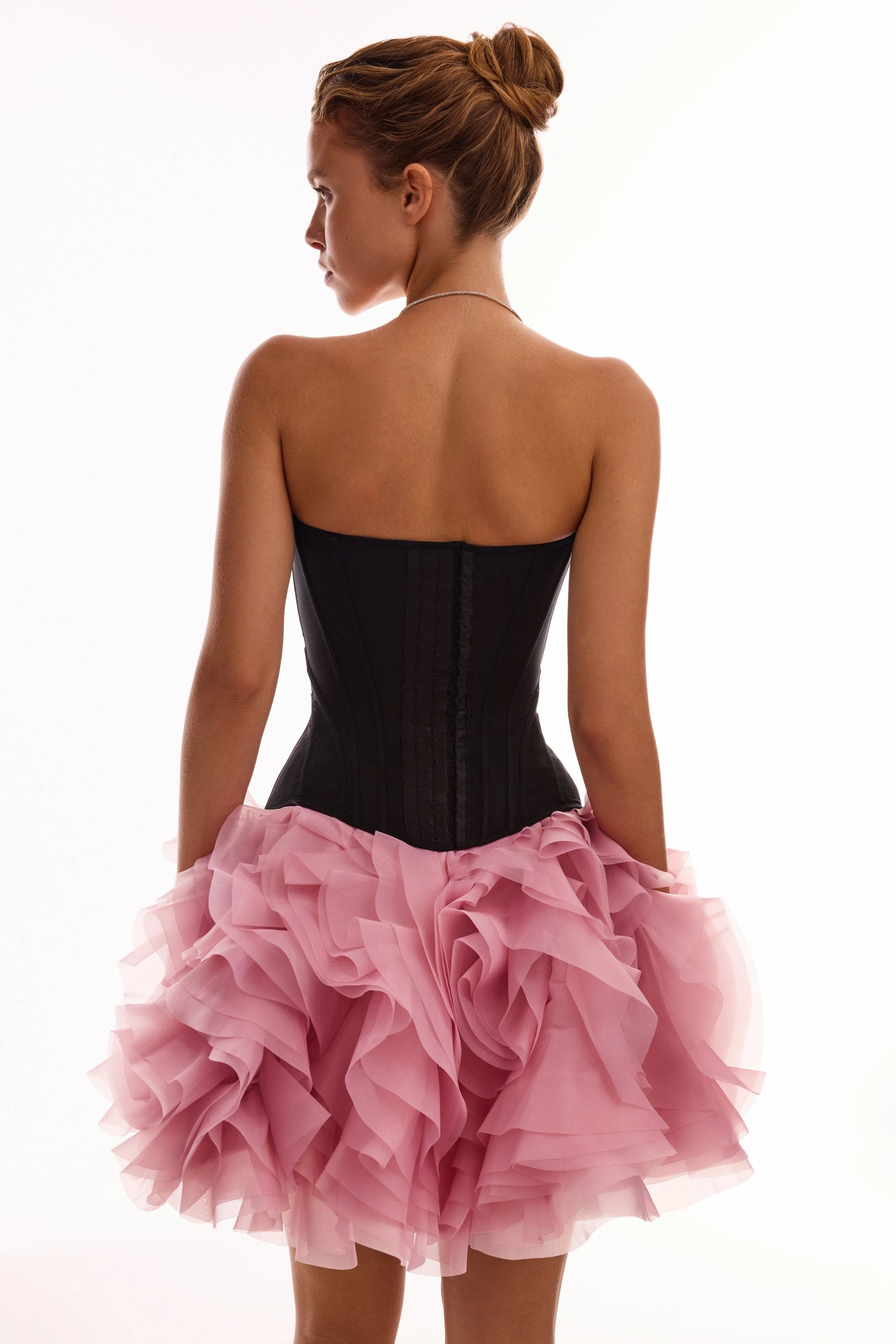 Danceable mini skirt with ruched flower appliques in pink, Midnight Walk