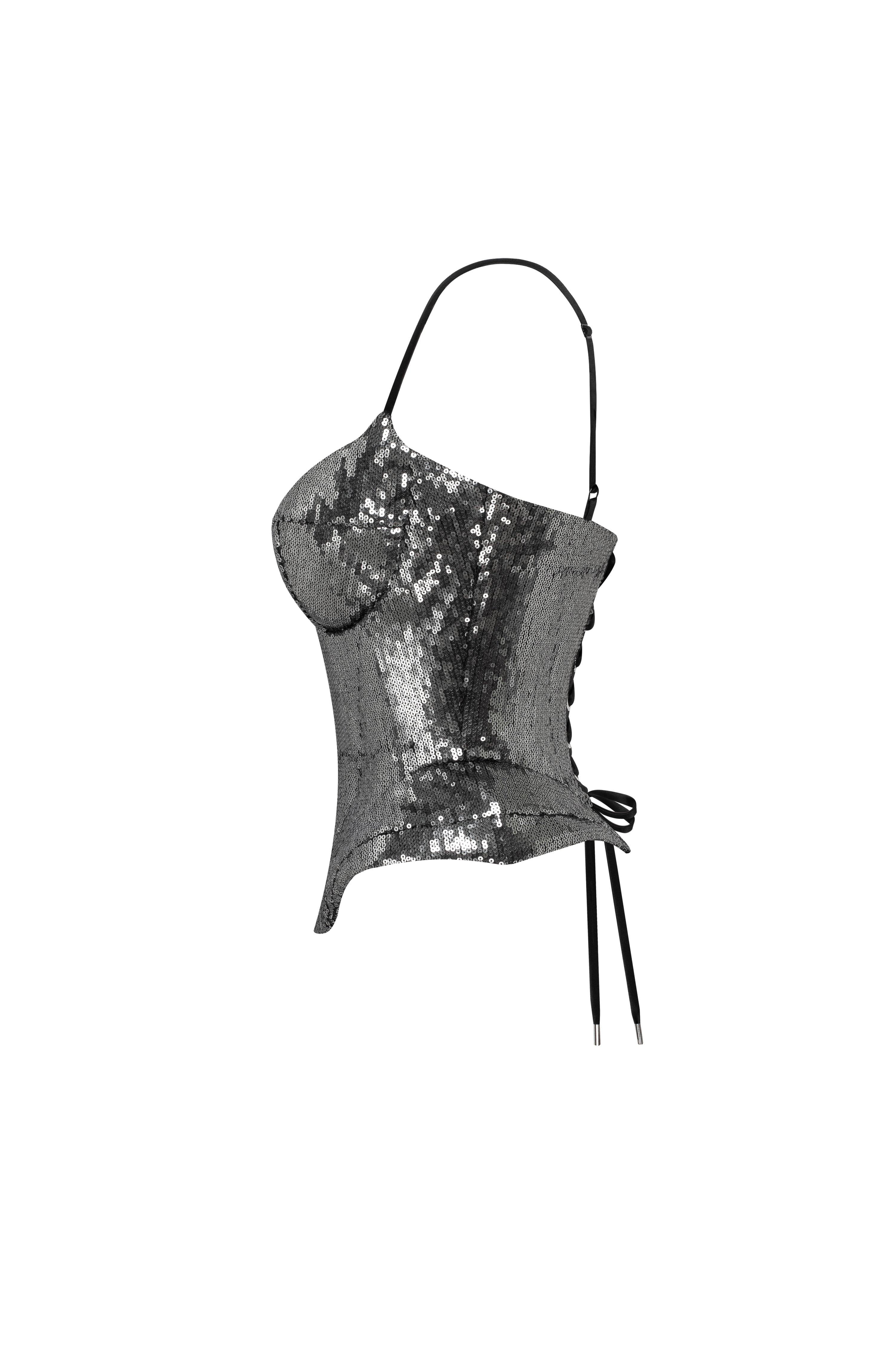 Sensational spaghetti straps sequined gray corset, Midnight Walk