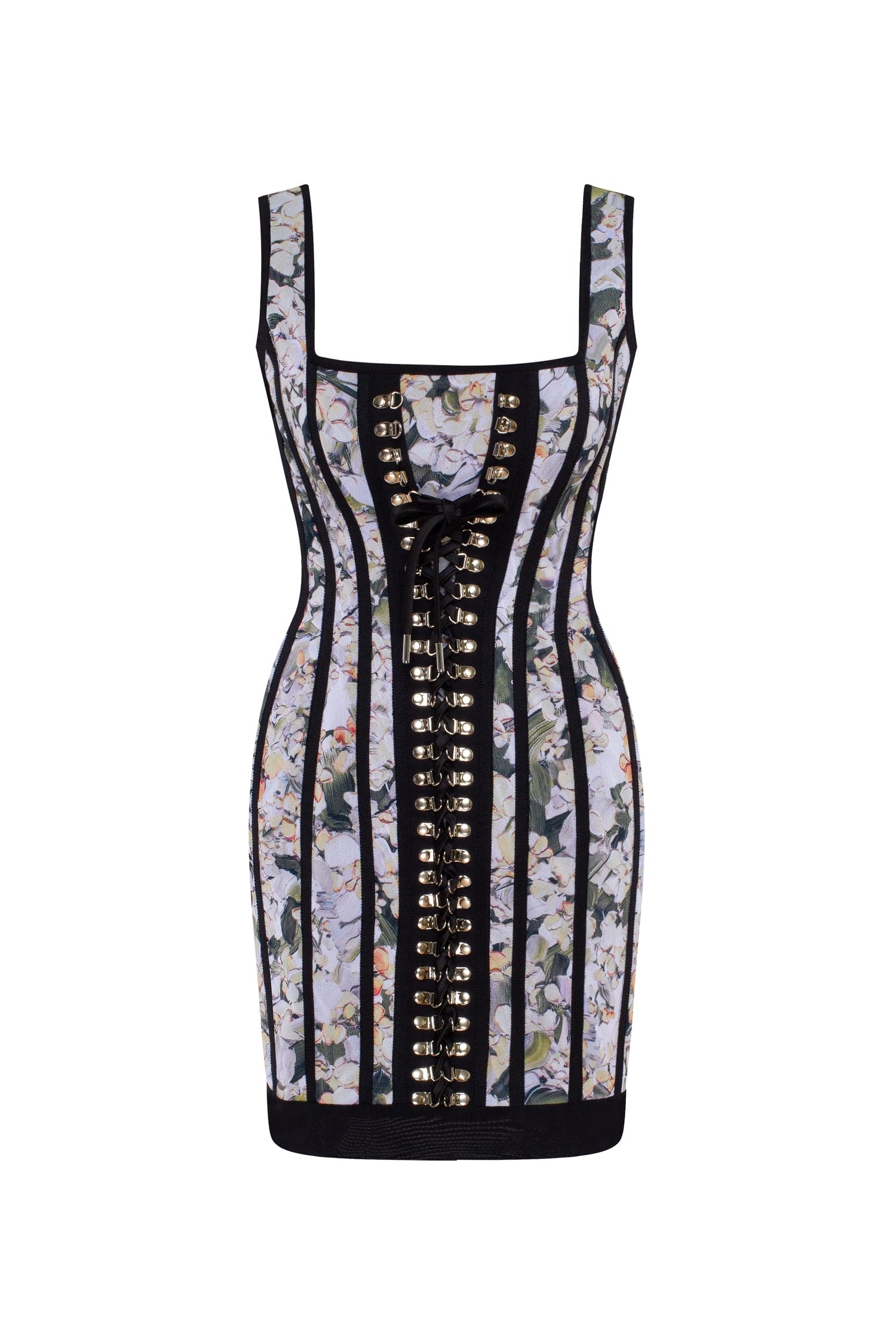 Alluring floral mini dress with bold lace-up hook closure