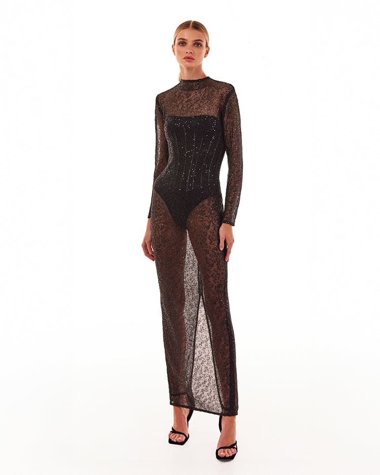 Crystal-embellished striking maxi dress