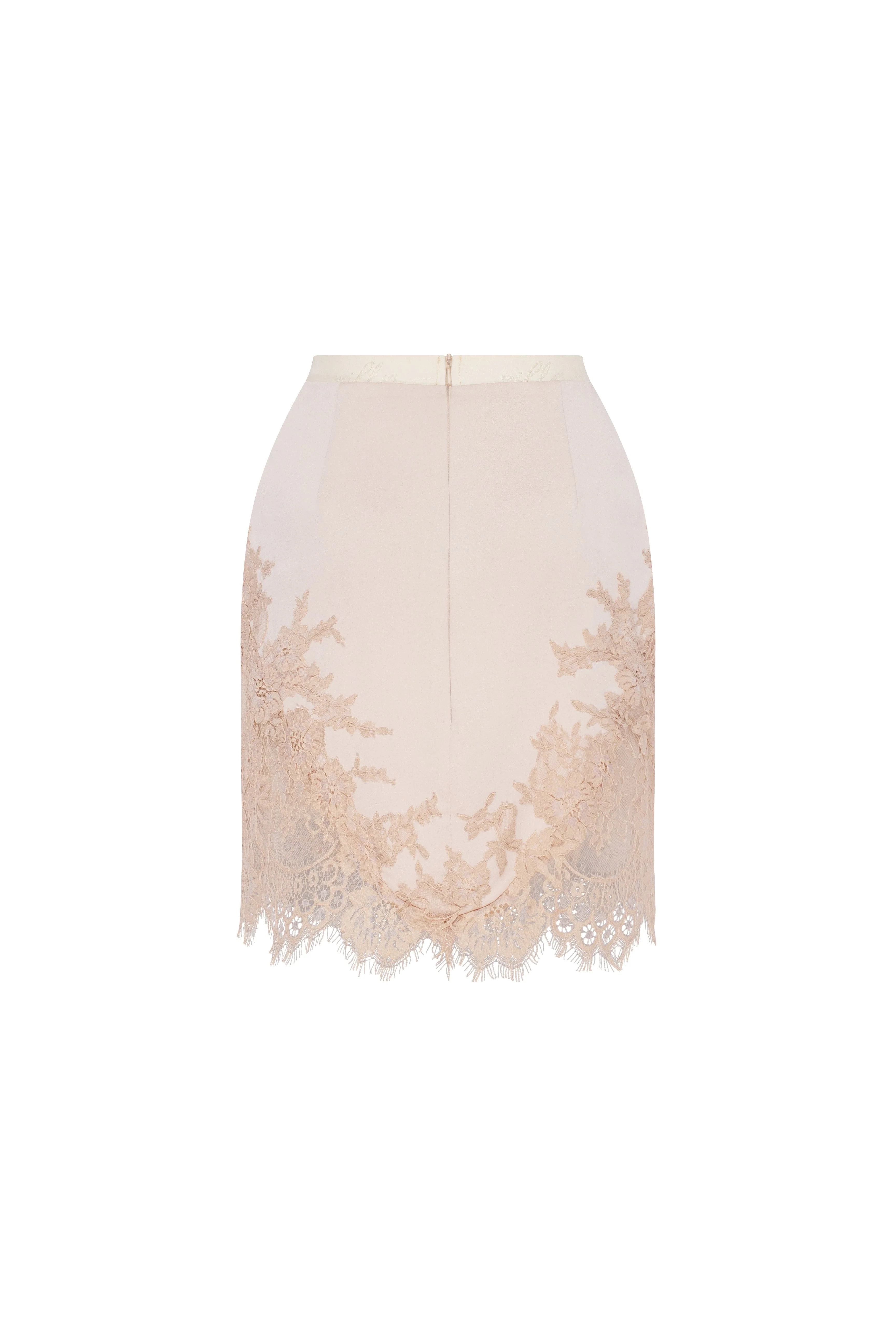 Fitted beige mini skirt adorned with lace, Parisienne