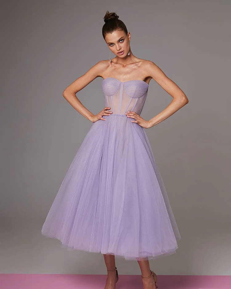 Lavender Strapless Puffy Midi Tulle Dress