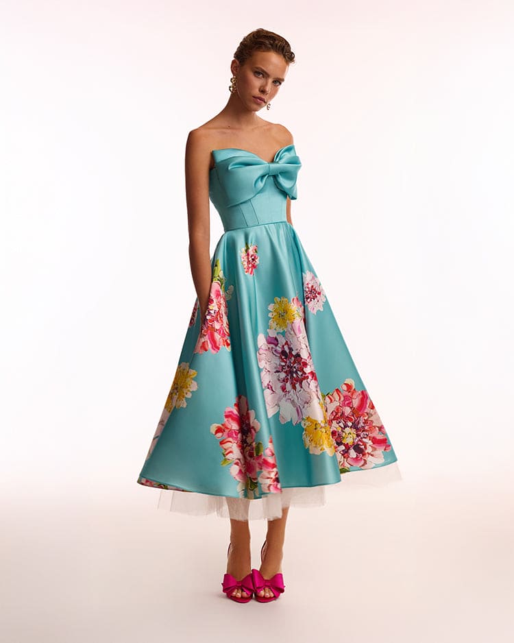 Playful aquamarine floral midi dress with bow, Glow-Up