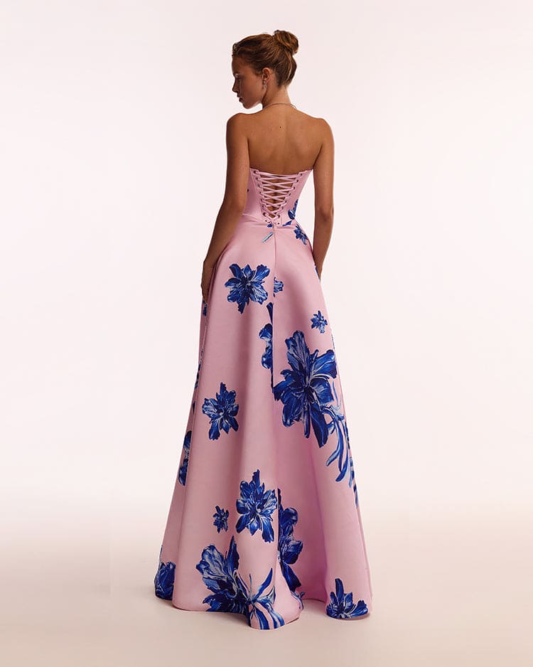 Dainty pink A-line maxi dress with blue-flowered pattern, Glow-Up
