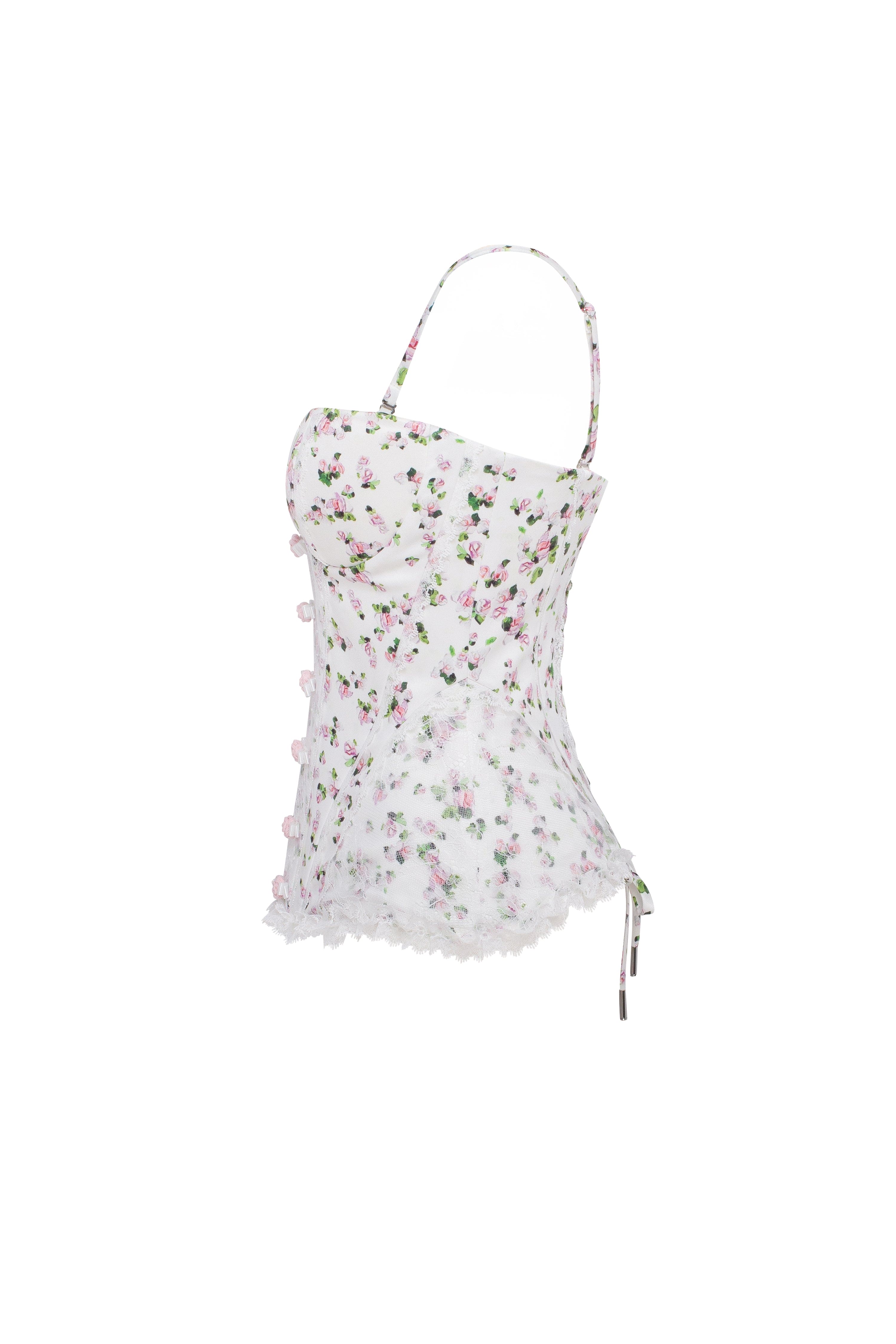 Romantic apple blossom corset with rosebud appliques