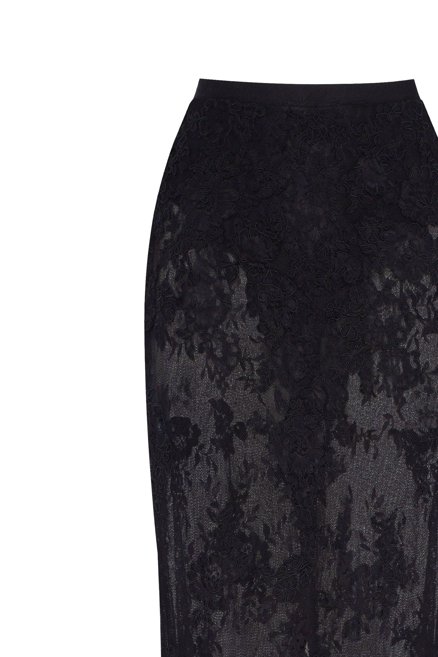 Sensual semi-sheer maxi skirt crafted from black floral lace, Parisienne