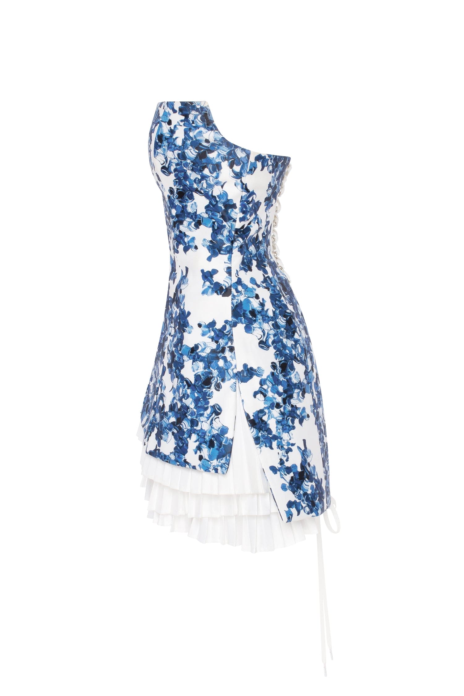 Strapless blue hydrangea mini dress with accent lacing