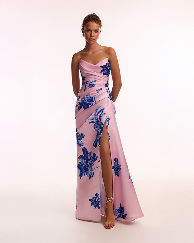 Strapless pink maxi dress with blue-flowered pattern, Glow-Up