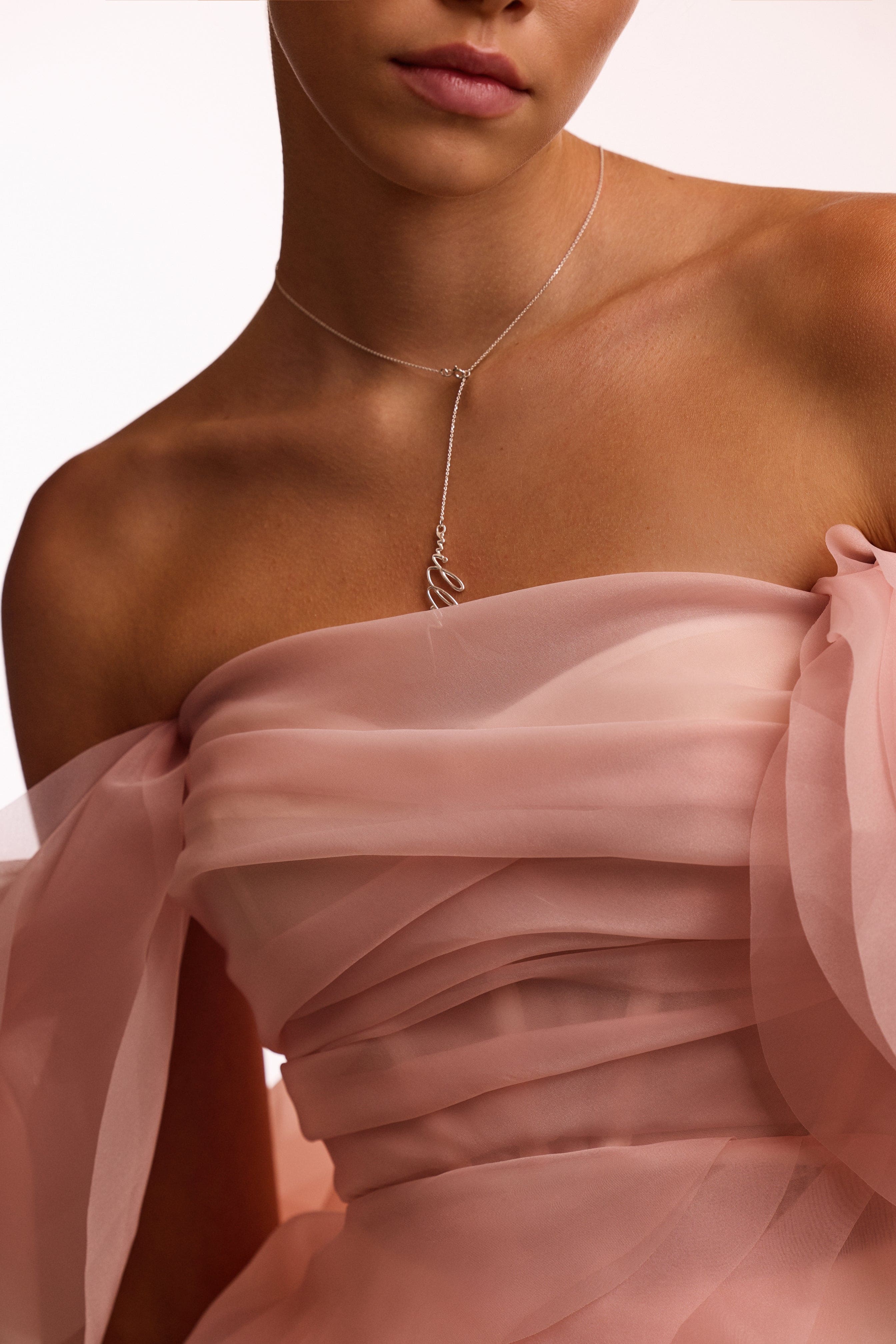 Dreamy off-shoulder blouse with meringue flounces in misty rose, Midnight Walk