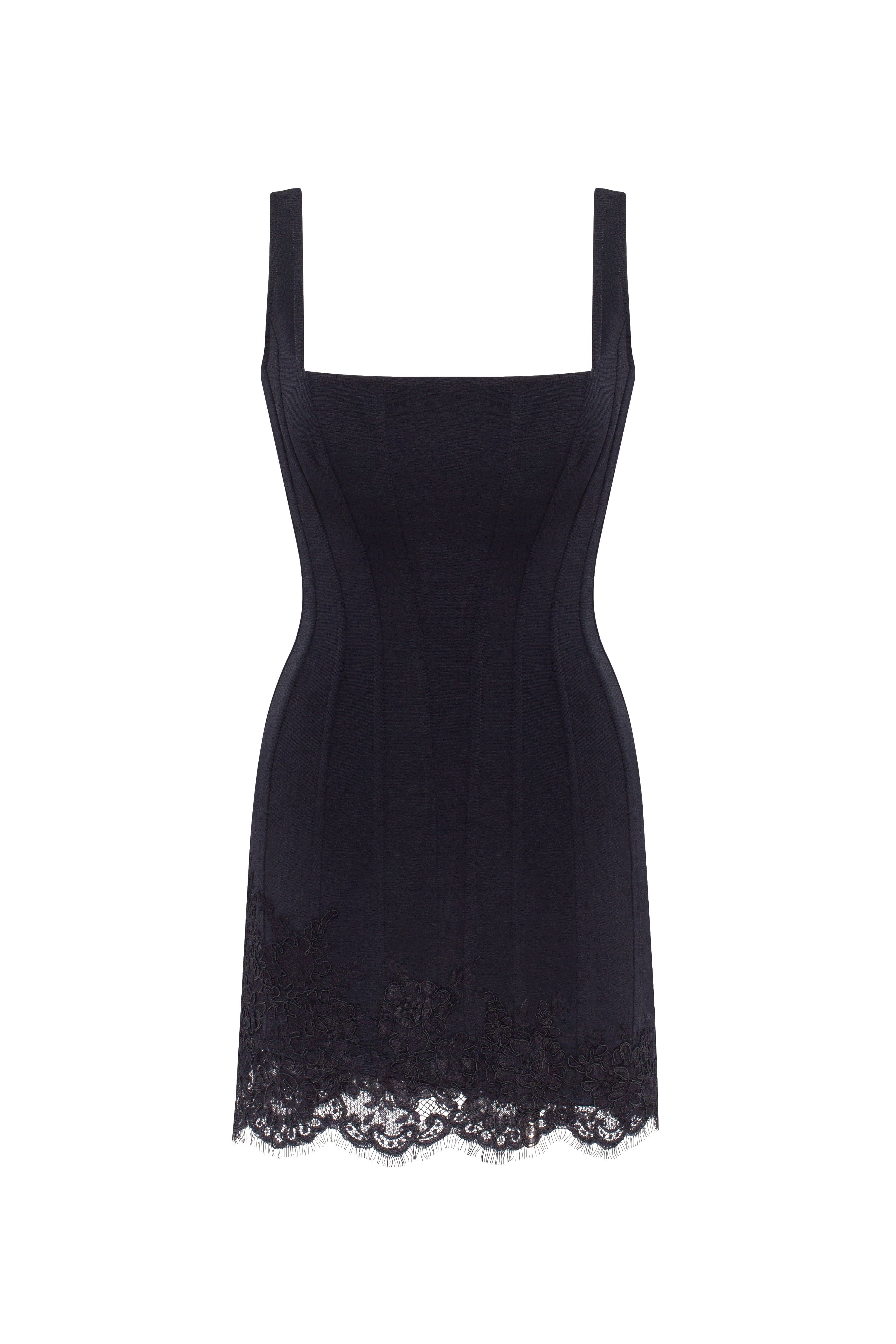 Sultry black corset mini dress with lace hem, Parisienne