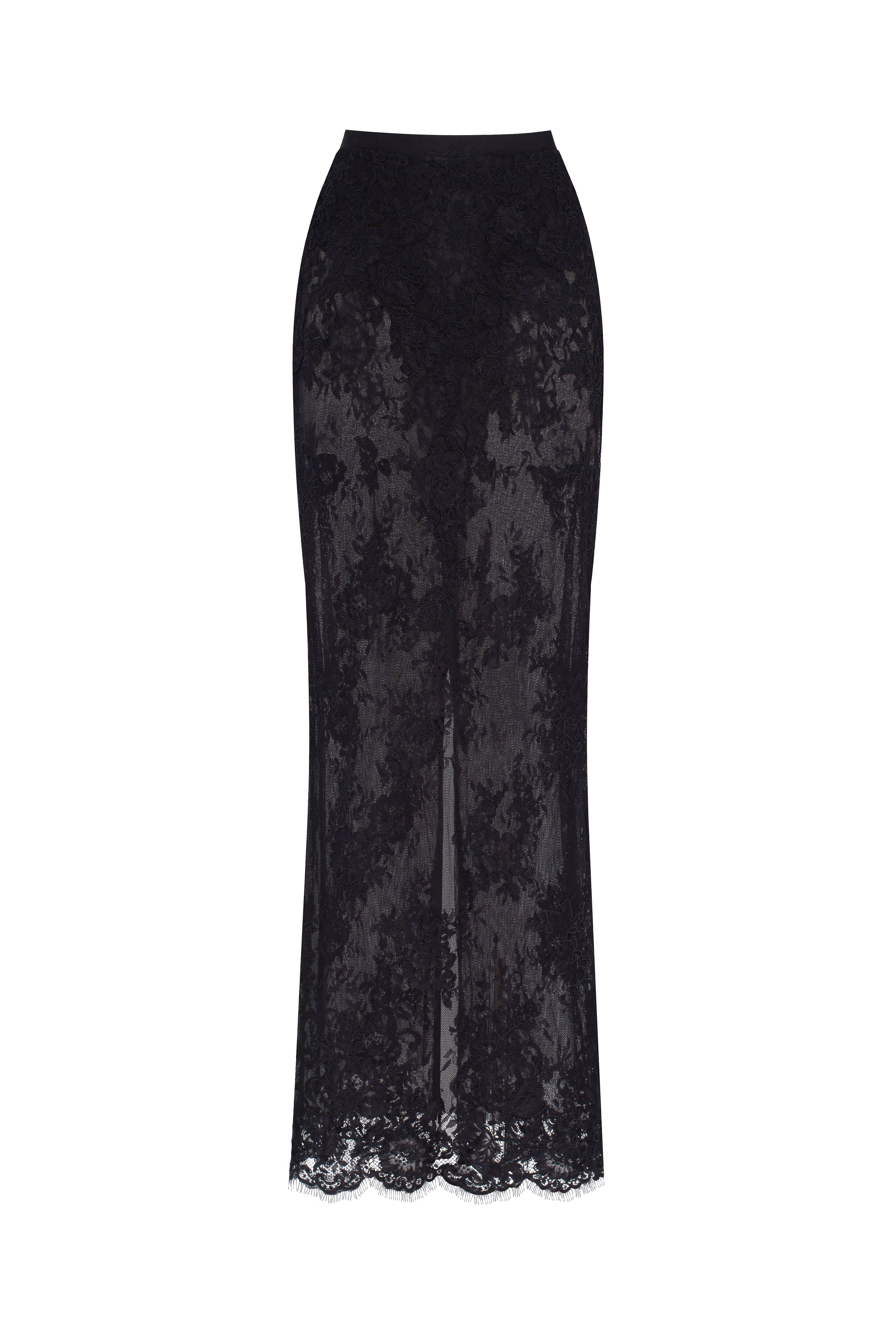 Sensual semi-sheer maxi skirt crafted from black floral lace, Parisienne