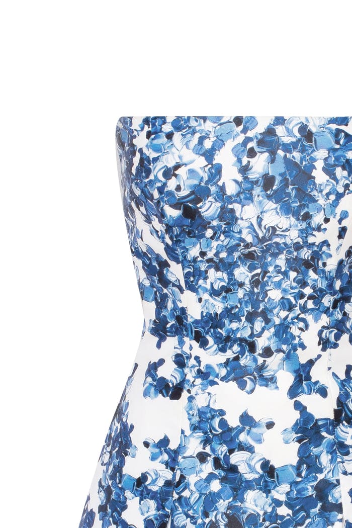 Strapless blue hydrangea mini dress with accent lacing