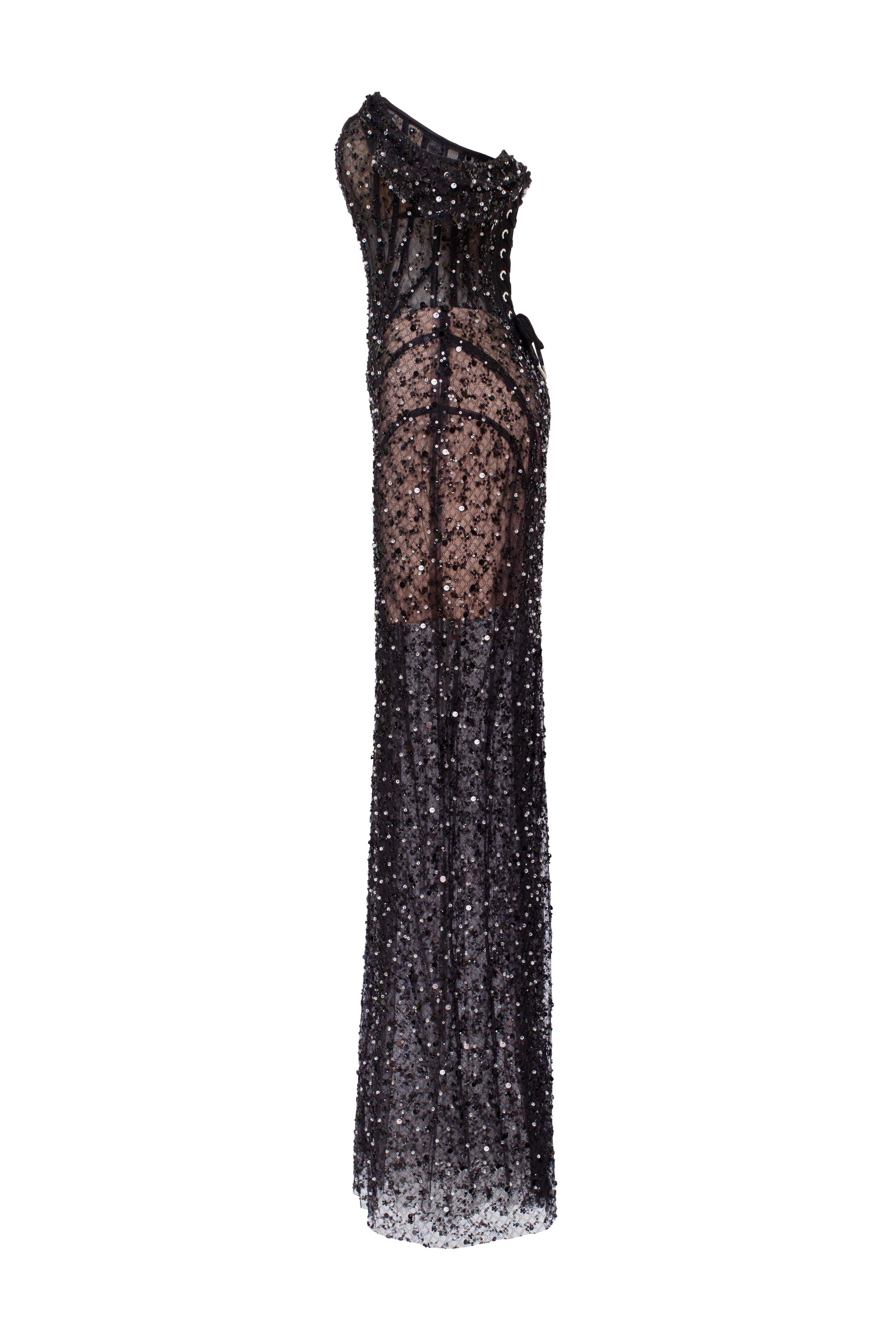 Striking black sequined fitted maxi dress, Midnight Walk