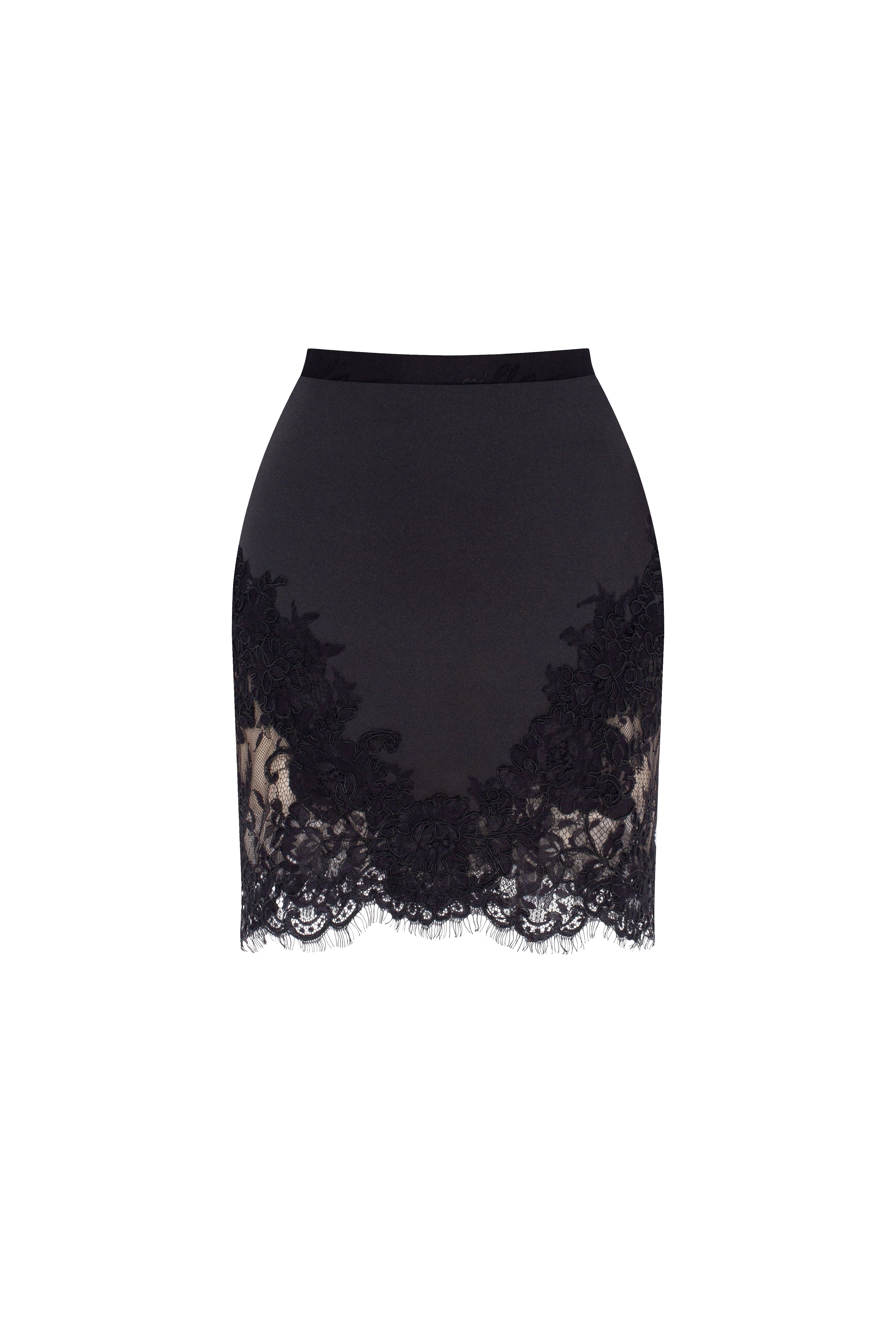 Fitted obsidian mini skirt adorned with lace, Parisienne