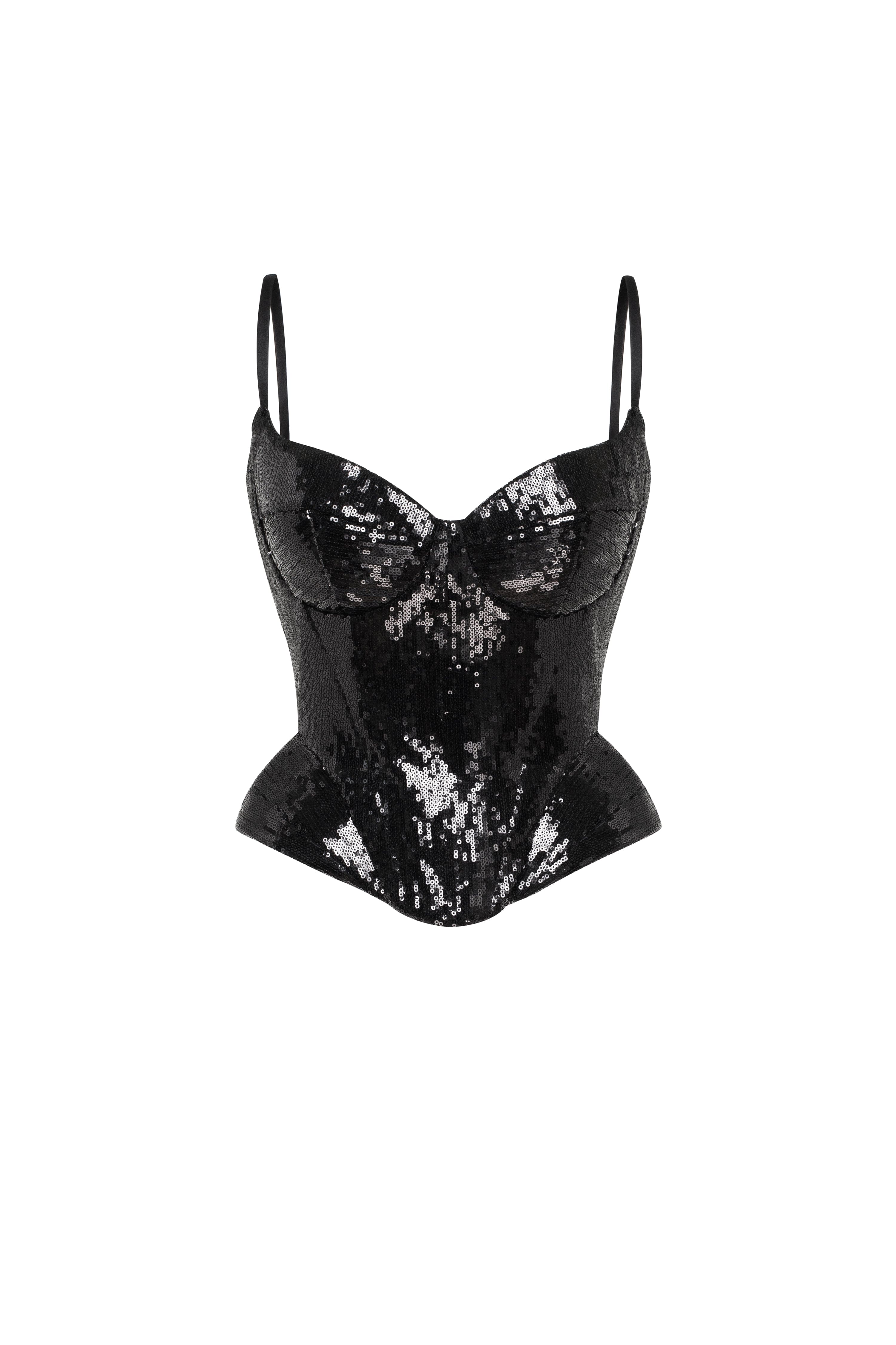 Sensational spaghetti straps sequined black corset, Midnight Walk