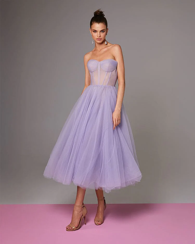Lavender Strapless Puffy Midi Tulle Dress