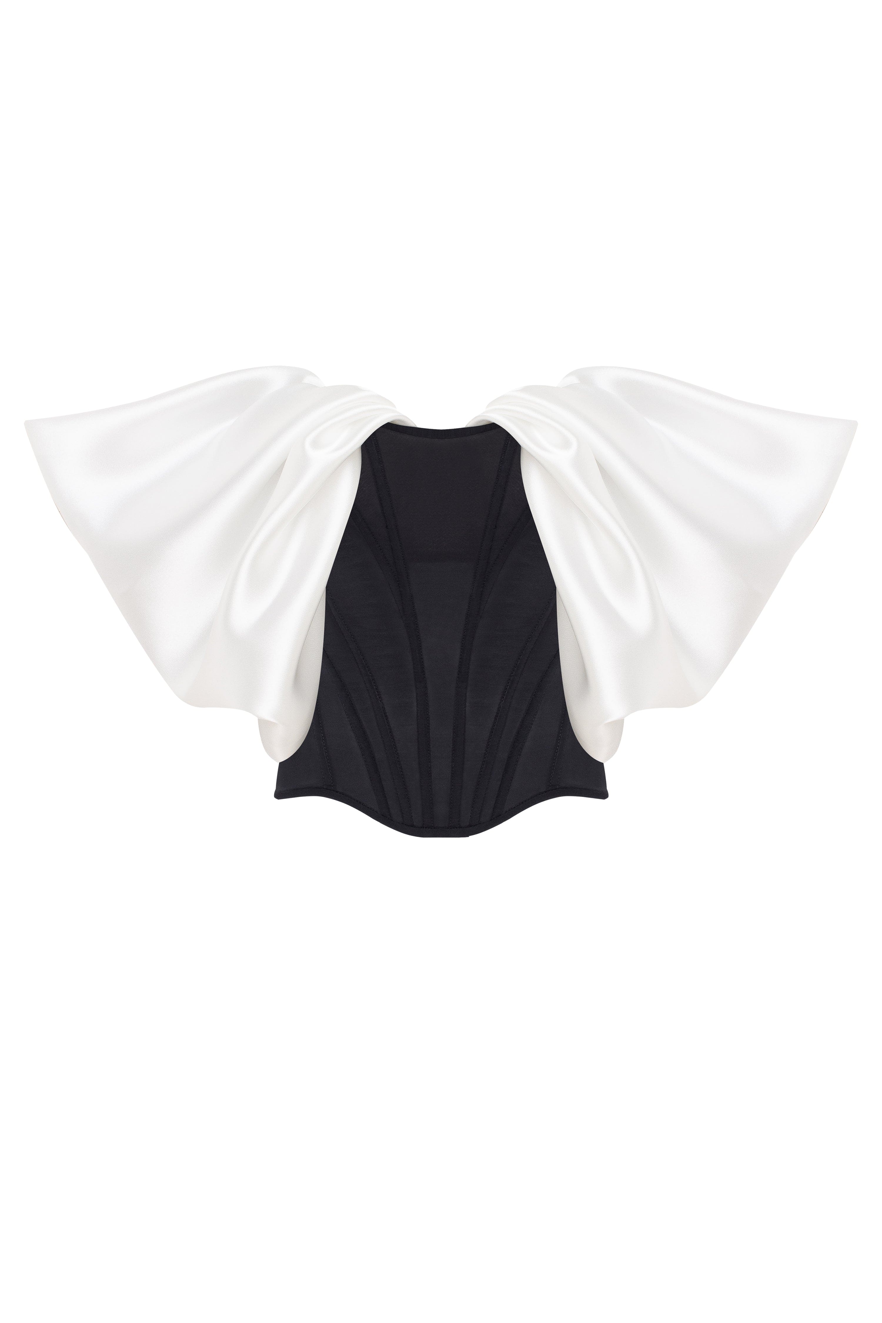 Sophisticated black fitted corset with white satin off-the-shoulder sleeves, Midnight Walk