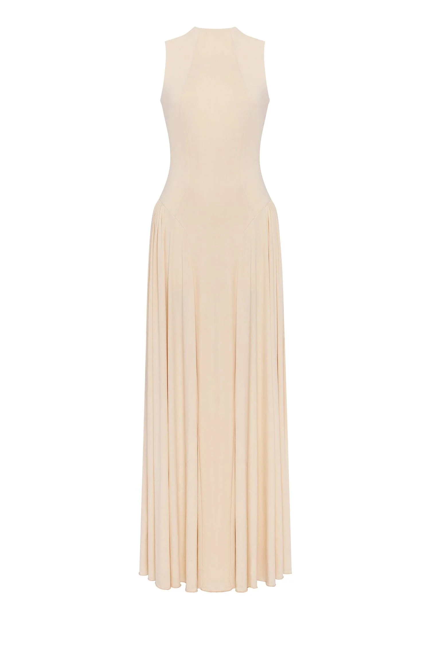 Nude sleeveless mock neck dress with a pleated maxi skirt