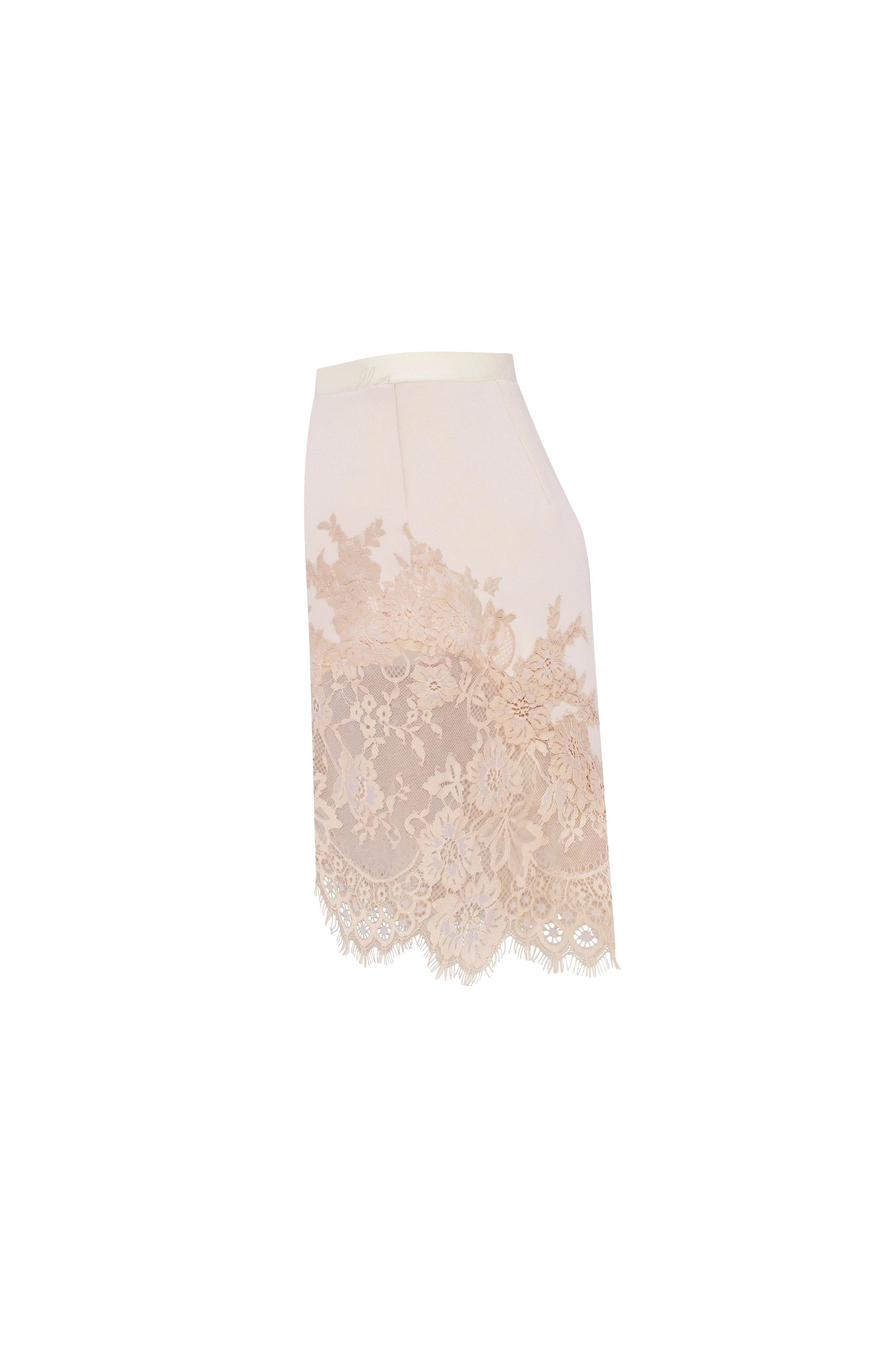 Fitted beige mini skirt adorned with lace, Parisienne